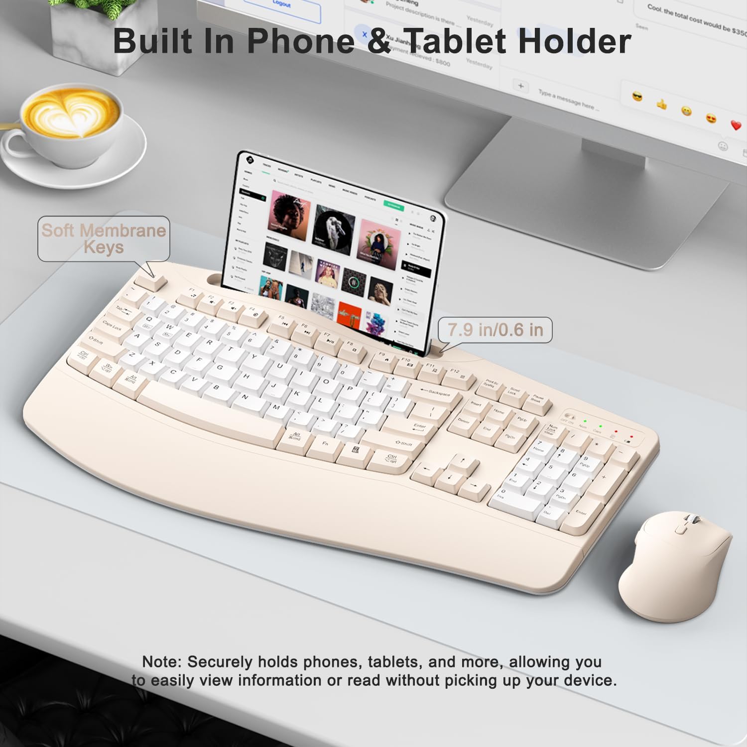 Wireless Keyboard and Mouse Combo, Ergonomic Wave Keys(Milk Tea-B) 4 71Mfp KSuPL. AC SL1500