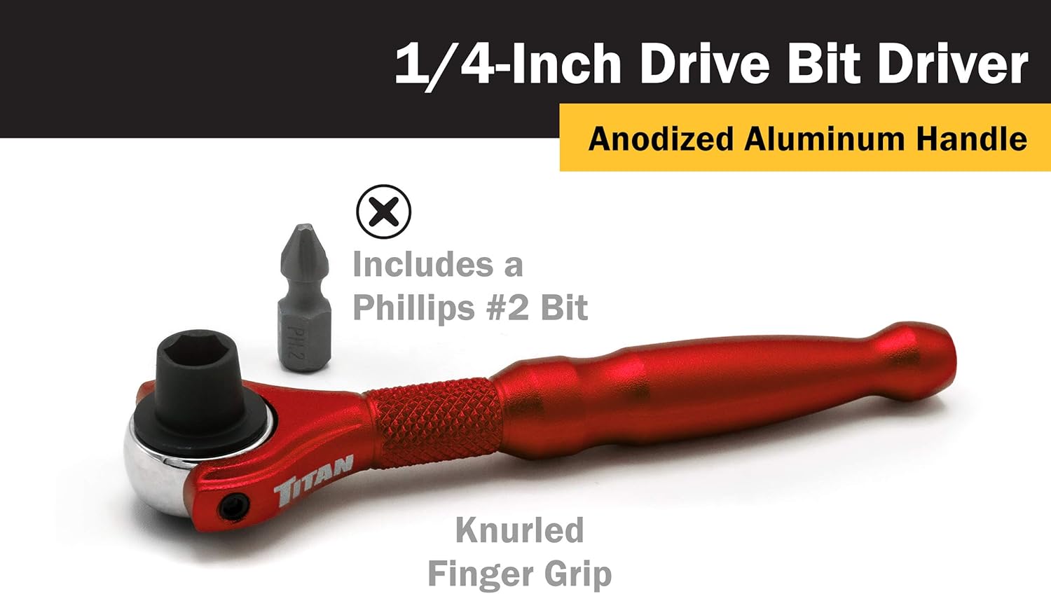 Titan Tools 11321 1/4-Inch Drive x 4-Inch 90-Tooth Swivel Head Micro Ratcheting Bit Driver - Red