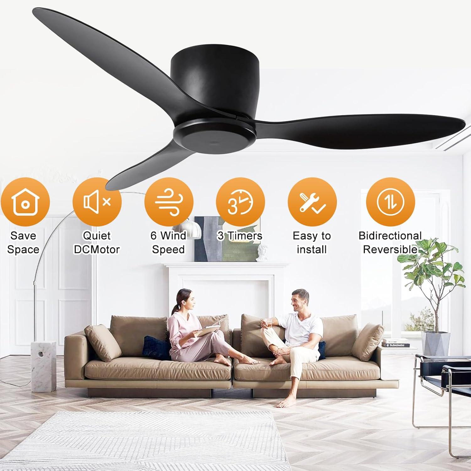 Ceiling Fan No Light with Remote Control, 42 inch Black Ceiling Fans 3 Blade 6-Speed Modern Timer Ceiling Fan Noiseless Reversible DC Motor for Patio Living Room Bedroom - Image 6