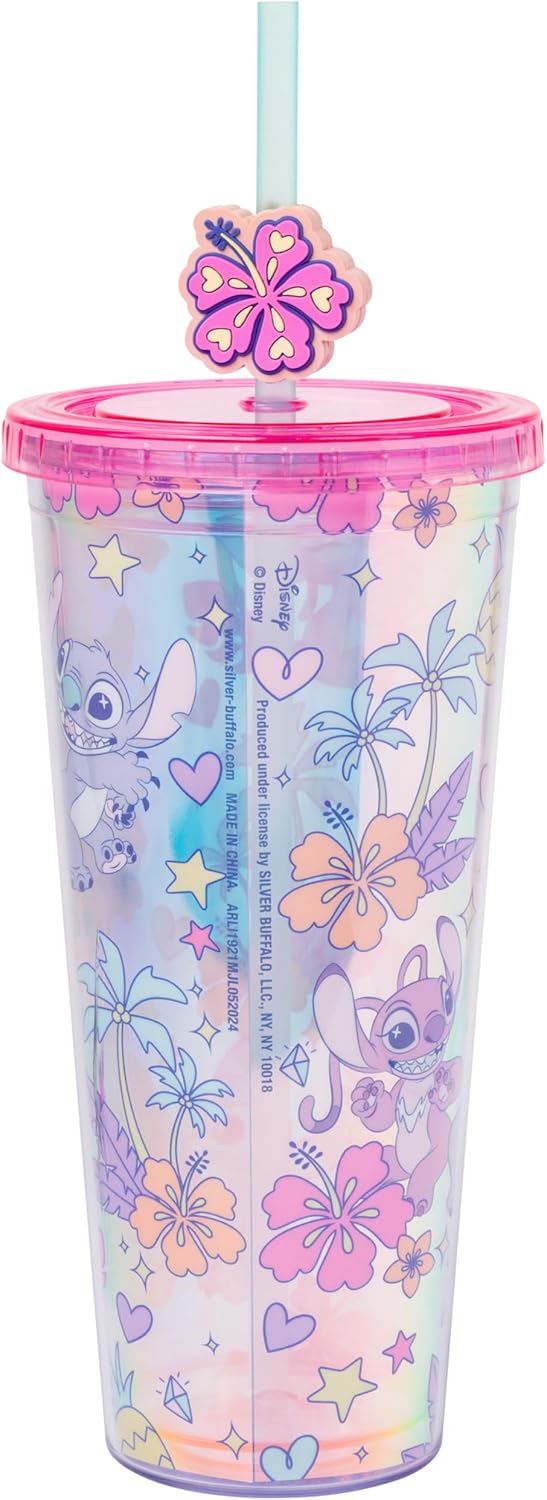 Silver Buffalo Disney Lilo and Stitch Tropical Plastic Cold Cup with Lid and Straw Topper Featuring Stitch and Angel, 24 Ounces - Image 2