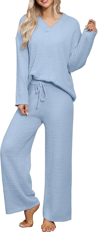 HNG Lounge Sets for Women Two Piece Outfits Fuzzy Fleece Pajama Set Long Sleeve Pullover Sweater Top and Wide Leg Pants