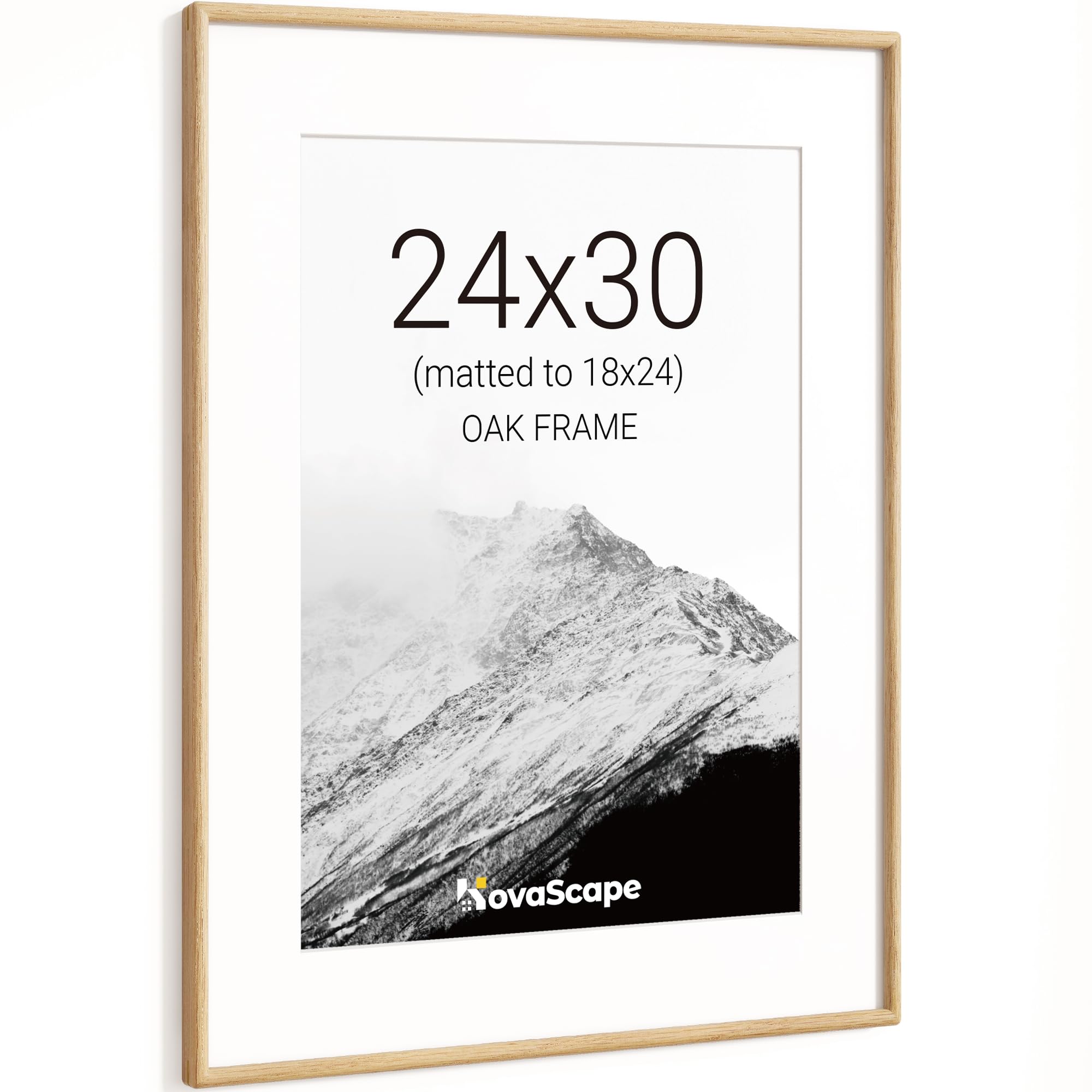 KovaScape 24x30 Picture Frame, Solid Oak Wood Photo Frame with Tempered Real Glass, Includes White Mount for 18x24 Photo, Rounded Corner Design, For Wall Hanging — image 1