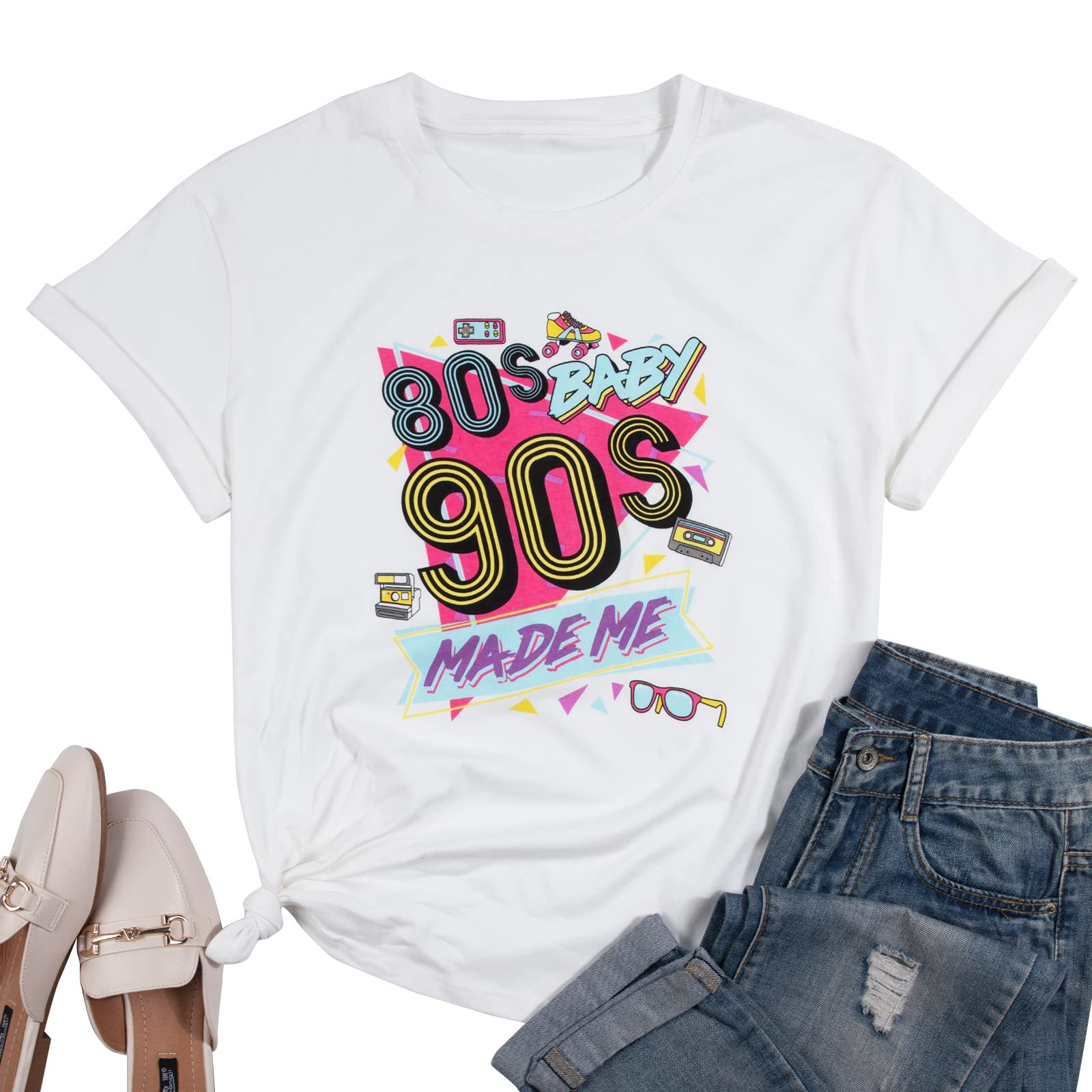 FLOYU80s Baby 90s Made Me Shirt 90s Womens T-Shirt 90s Outfit Tops Vintage 80s 90s Tee Tops Casual 90s Party Shirts Top