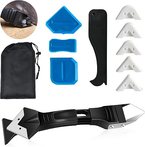 AG LogiShop Kit Herramientas Aplicador Silicona + 4 Raspadores + Bolsa de Almacenamiento | Herramienta de Calafateo Silicona, Removedor de Masas, Raspador Silicona para Juntas y Azulejos.