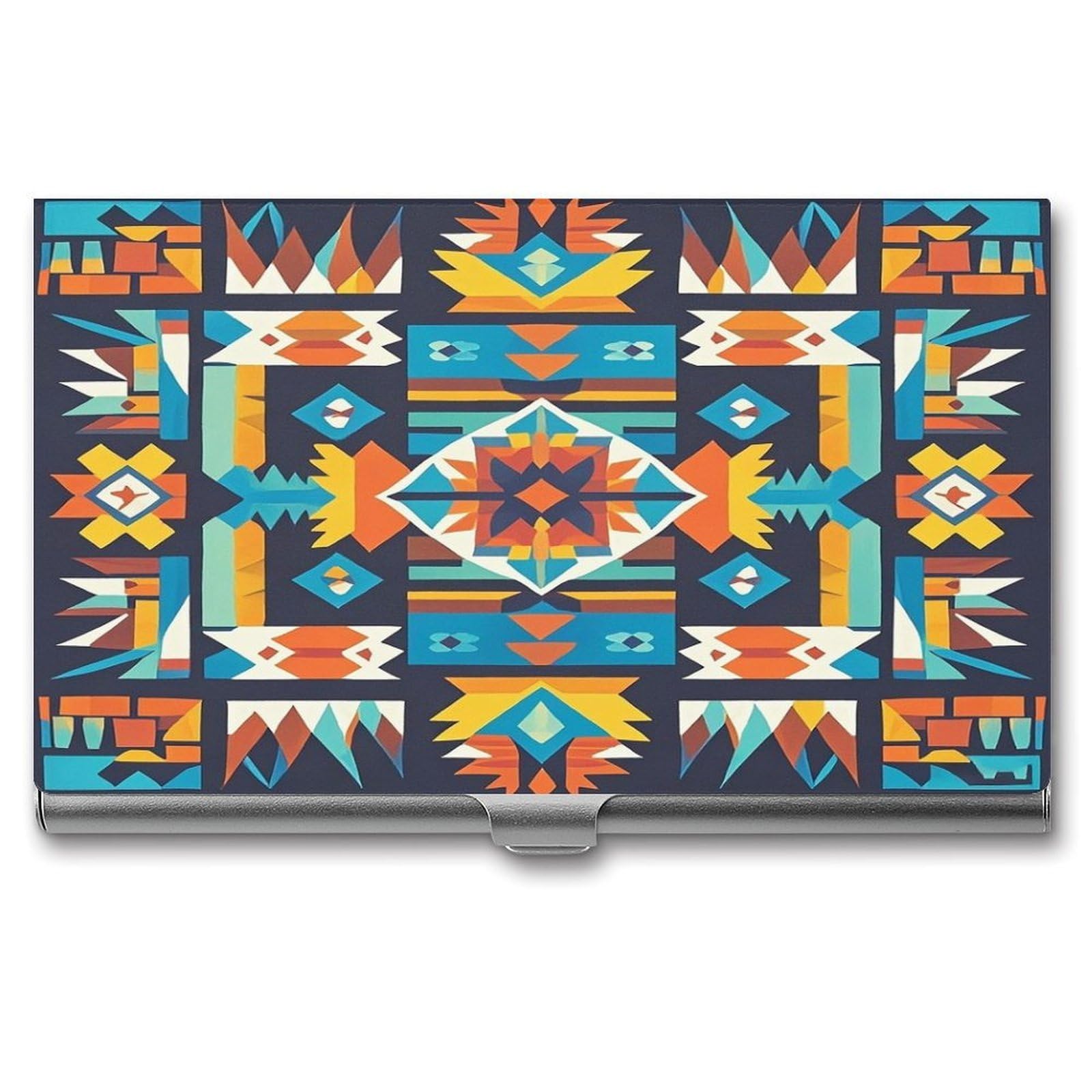 Fekiloot Men's Style Navajo Tribal Pattern Business Card Holder Aluminum Alloy Business Card Case Convenient To Carry Business Card Dispenser For Wo