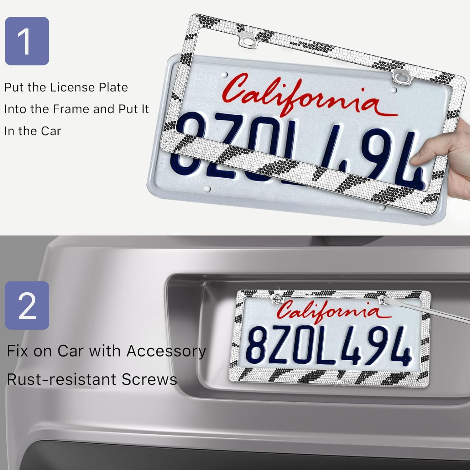 Valor Zebra Bling Crystals Car License Plate Frames for Women, Handcrafted Sparkly Diamond License Plate Cover, Glitter Rhinestone Car License Plate Holder, Zinc Alloy Frame with Anti Theft Screw Caps