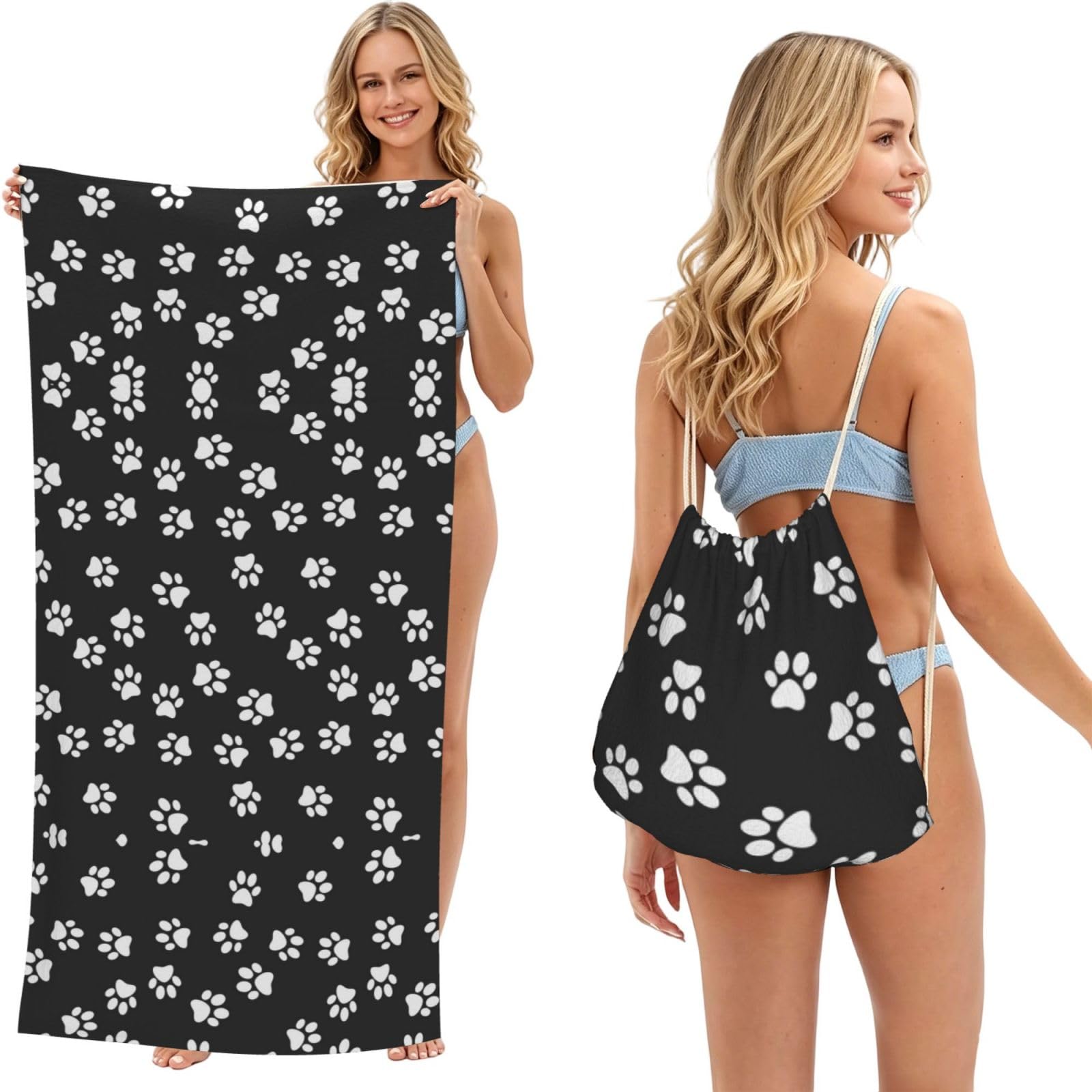 ESNAIUVCD Paw Print Print Beach Towel For Adults,Towel With Drawstring Bag, Travel Pool Swimming Sports Shower Sand Free Quick Dry Bath Towel For Pool, Beach, Yoga- 180x60cm