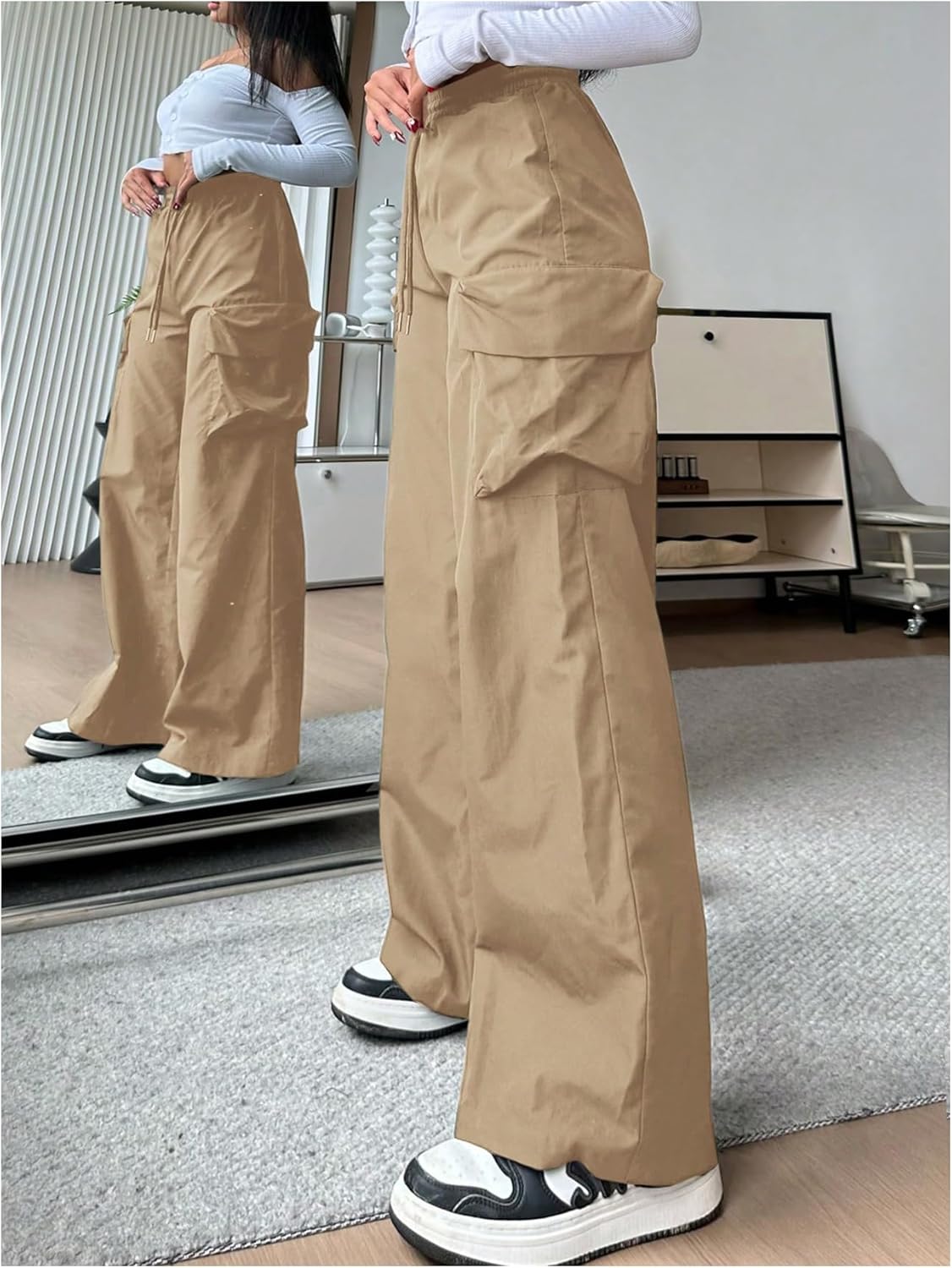 SOLY HUX Women's Cargo Pants Y2k Drawstring High Waisted Wide Leg Baggy Pants Casual Streetwear - Image 3