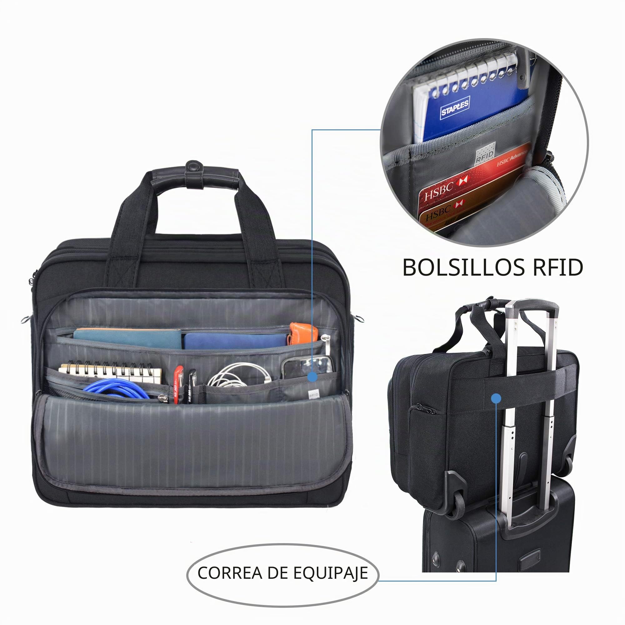 KROSER Maletín para Portátil con Ruedas Bolsa Premium Impermeable para Computadora hasta 17.3´´ Bolsa Hidrófugo Durante la Noche con Bolsillos RFID para Hombres/Mujeres-Negro