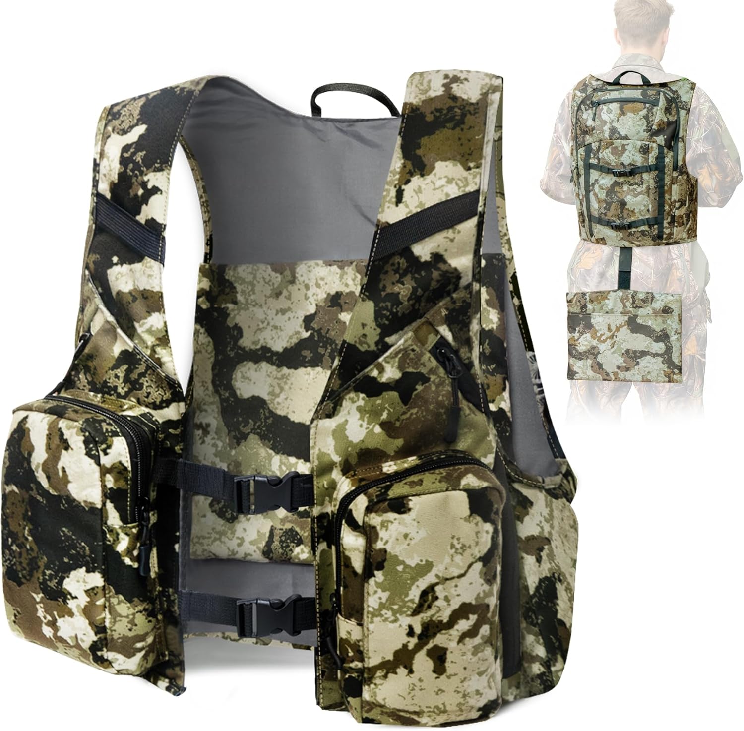 Turkey Hunting Vest with Detachable Seat Cushion Camo Vest with Backpack Hunting Gear for Turkey Deer Fishing Fit Most Men's Body