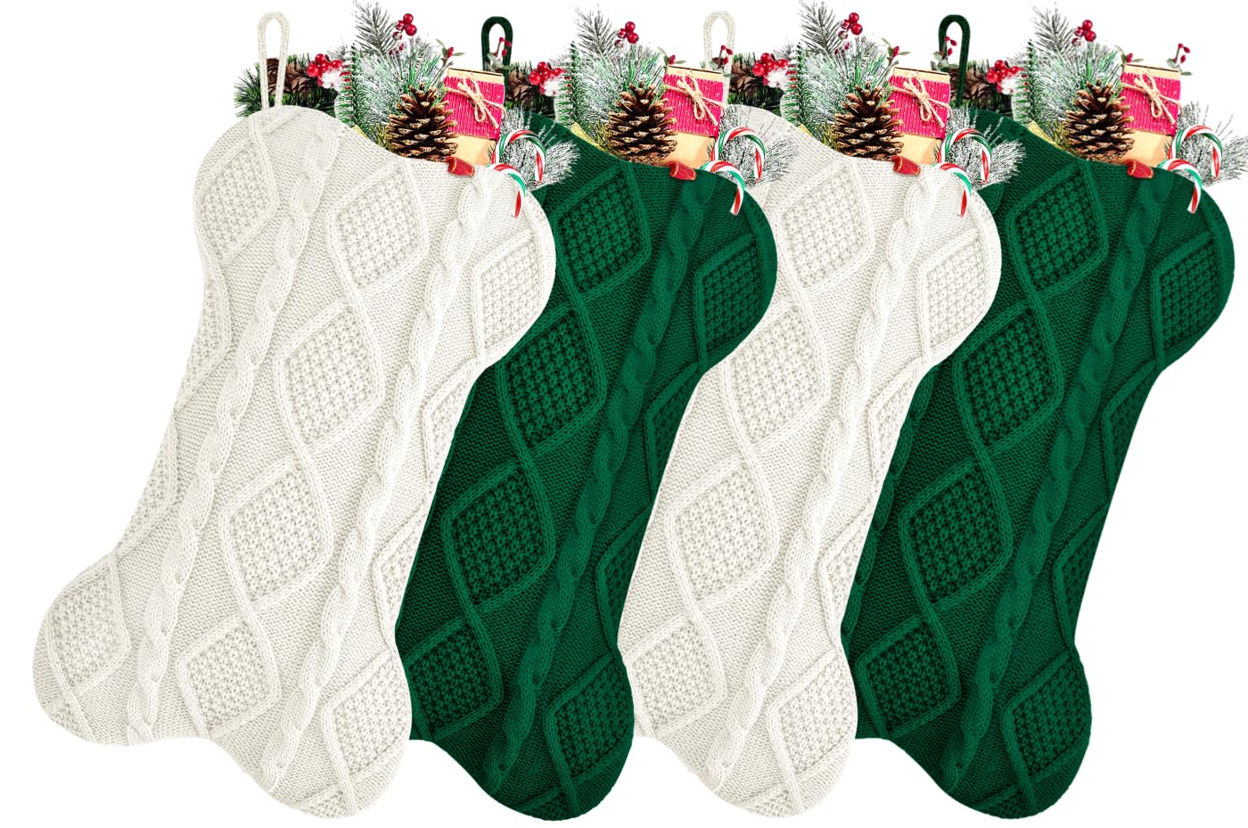 Kunyida 18 Inch Christmas Stockings,Ivory and Green Knit Bulk Double Side Vintage Dog Xmas Stockings for Family Dogs Pets,4 Pack