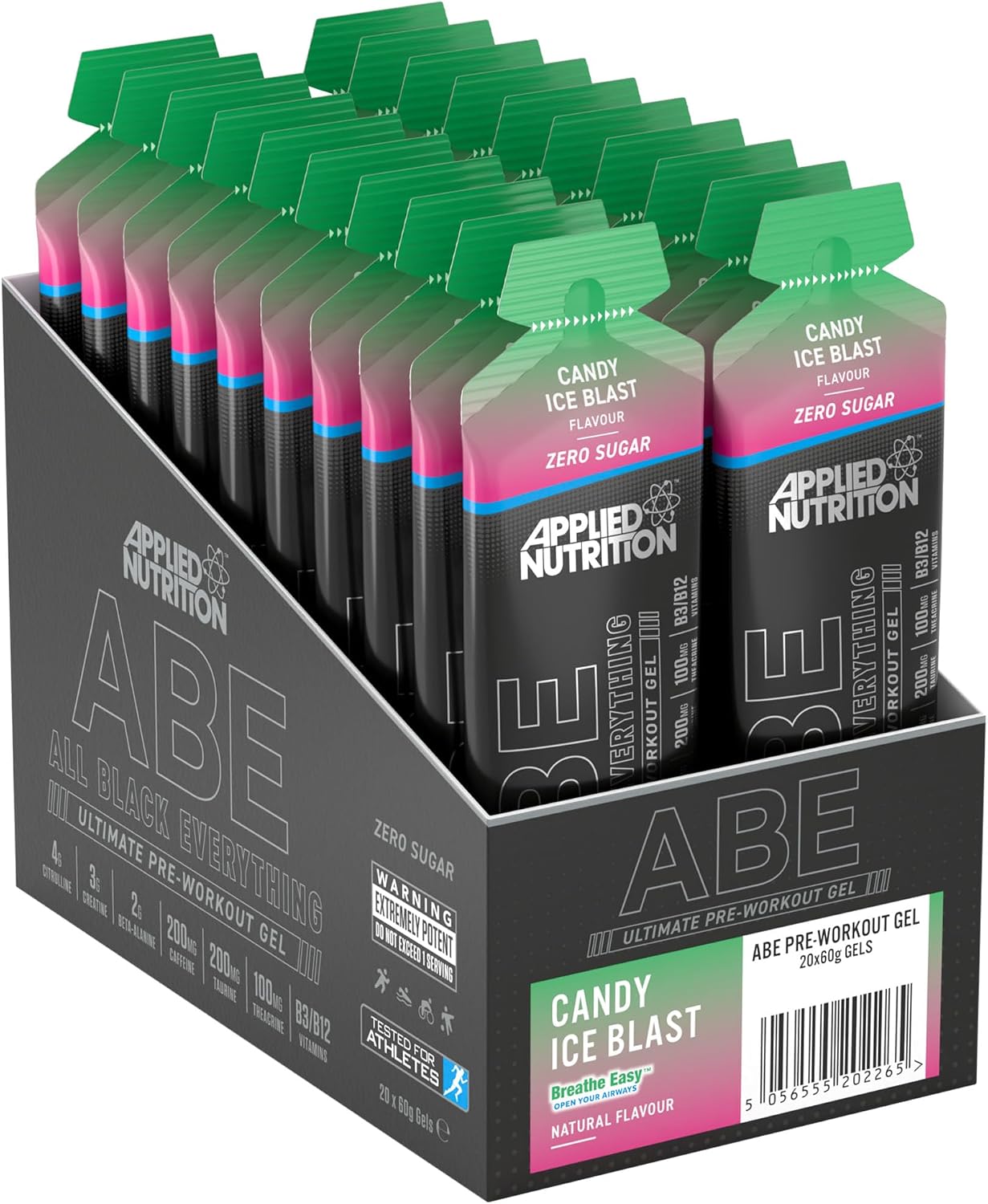 Applied Nutrition ABE Pre Workout Gel - All Black Everything Pre Workout Gel Energy & Physical Performance with Citrulline Creatine Beta Alanine 20 x 60 ml Gels Candy Ice Blast