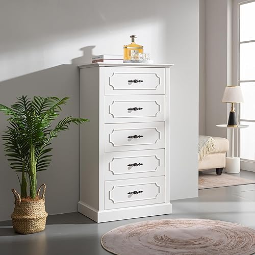 48" Dresser for Bedroom with 5 Drawers,Vertical Drawer Organizer for Bedroom,Dresser for Closet Nightstand with Wood Drawer Organizer Bedroom Furniture in Living Room, Closet & Hallyway White