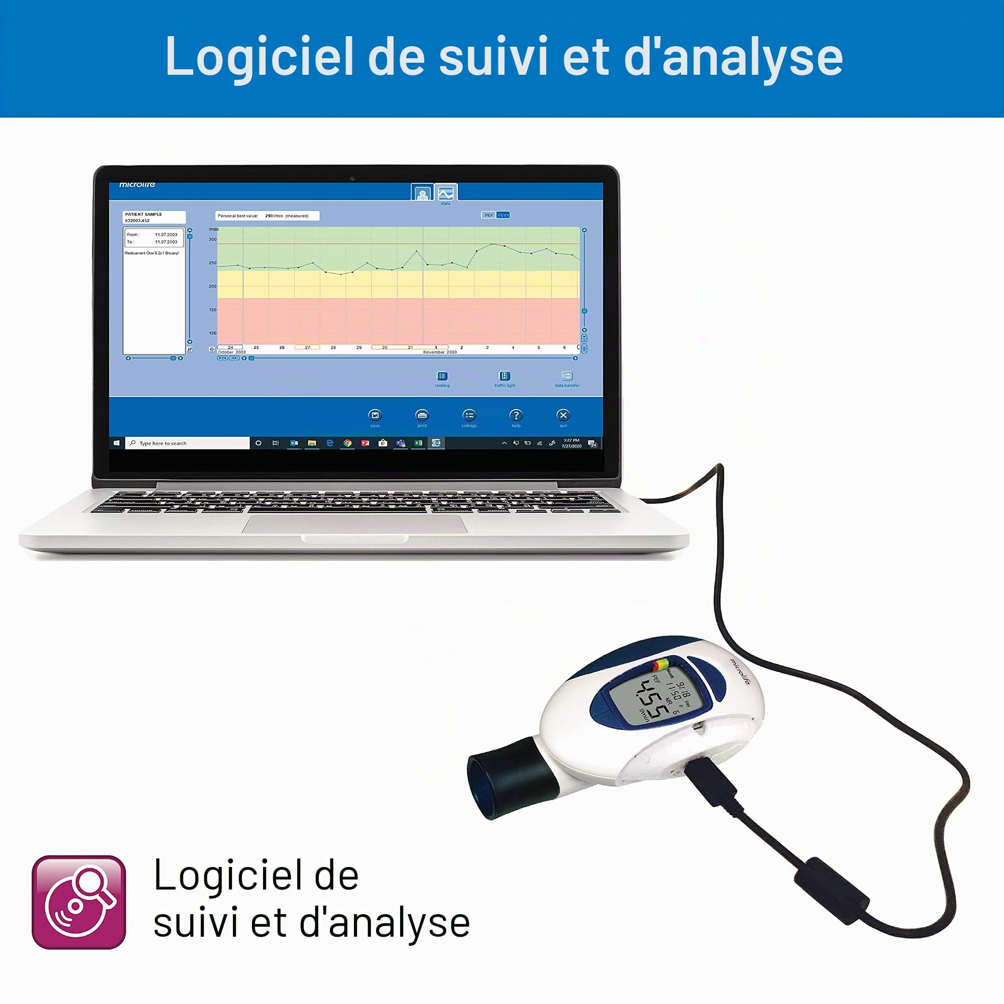 Microlife PF100 Débitmètre Connecté, Mesure DEP/VEMS, Adulte/Enfant, Connexion USB PC, 240 Mémoires
