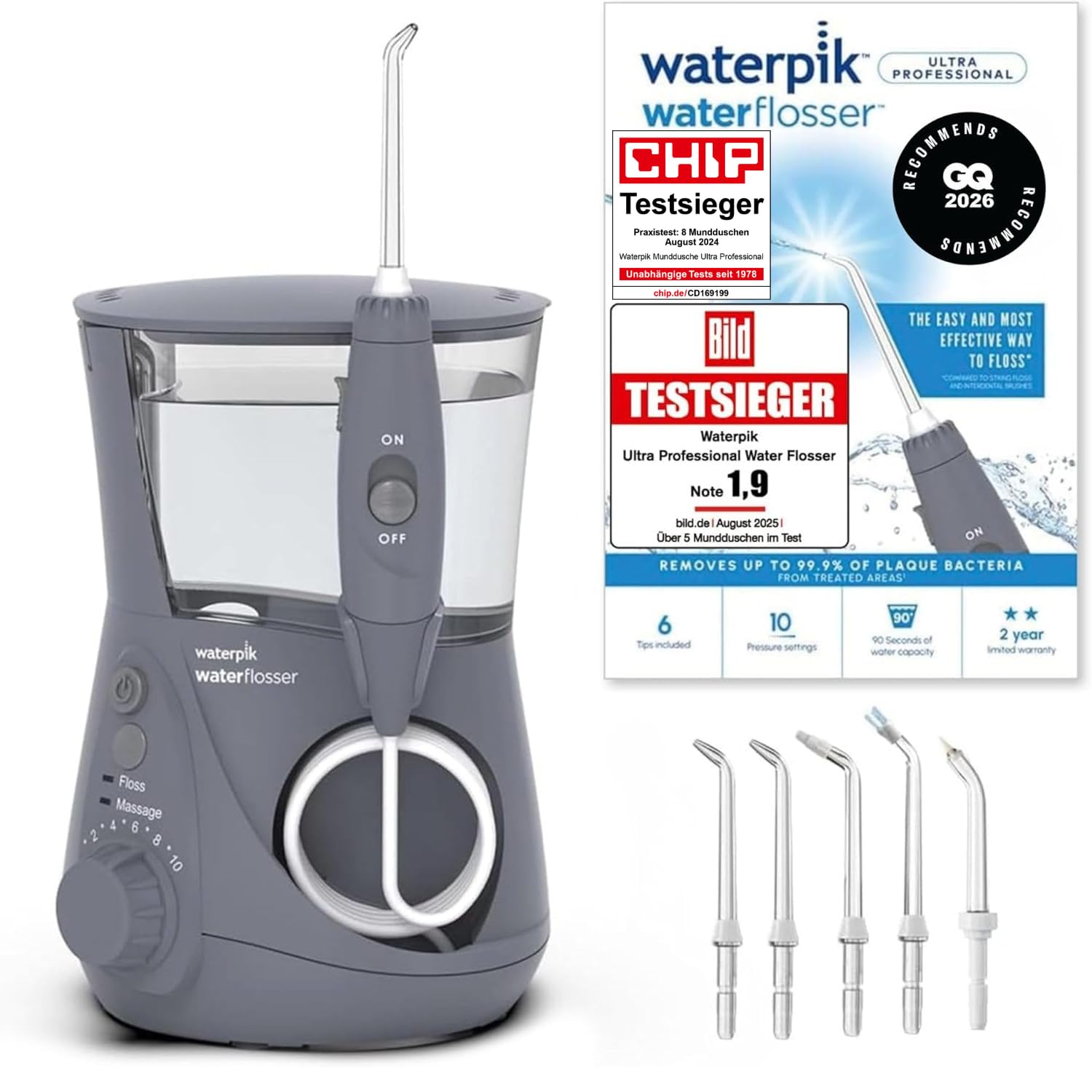 Waterpik Water Flosser Ultra Professional, Testsieger 2025, Precision Pulse Technology, TÜV Siegel, bis zu 99,9% Plaque Entfernung, 6x Aufsätze, 10 individuelle Modi, integrierter Timer, Grau