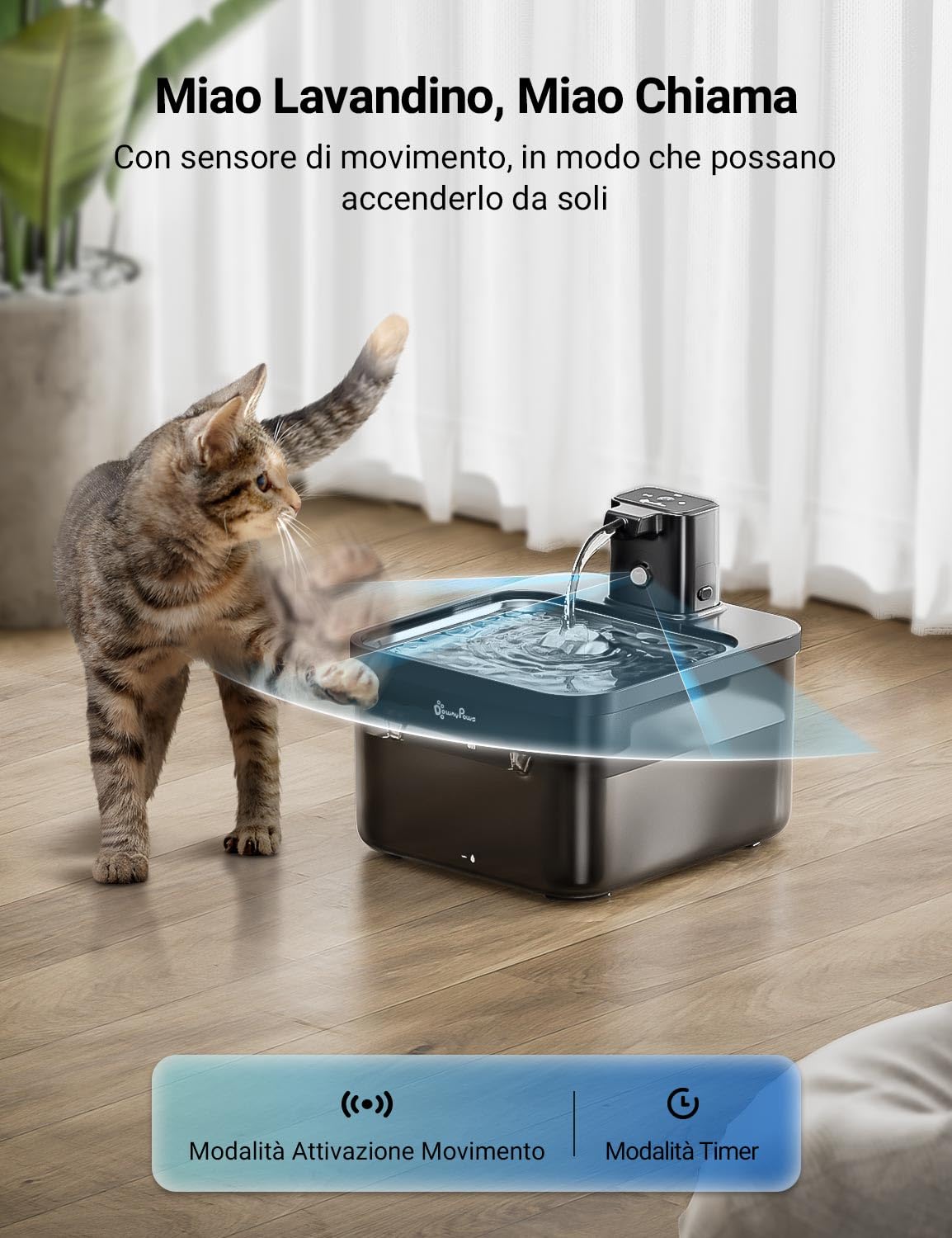 DownyPaws Fontanella per Gatti senza Fili con 6 Filtri, Alimentazione a Batteria da 4000mAh, 2,5 L Ultra Silenziosa Fontanella per Gatti con Sensore