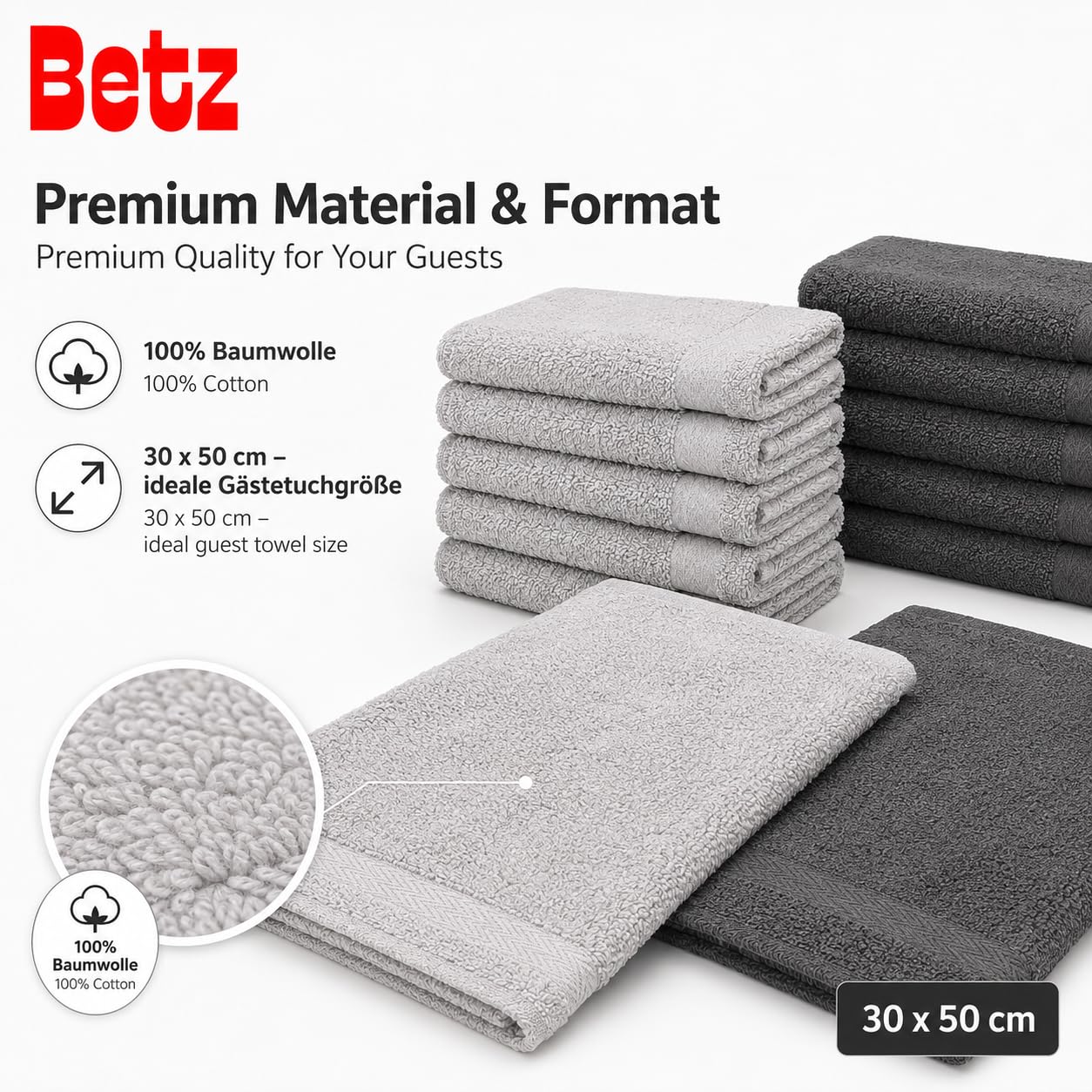 Betz Lot de 10 Serviettes d'invité Taille 30x50 cm 100% Coton Premium Couleur Gris argenté et Gris Anthracite