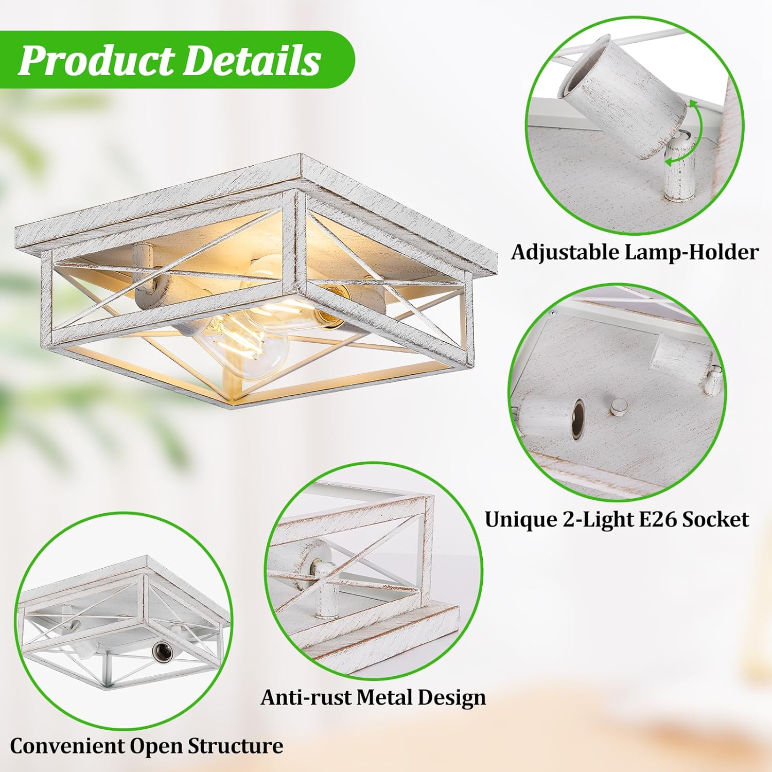 Kondras Antique White Hallway Light Fixture, 2-Light Farmhouse Flush Mount Ceiling Lighting, 1-Pack Metal Kitchen Lighting Fixture, Square Close to Ceiling Lamp for Bedroom Living Room Entryway White 1-Pack