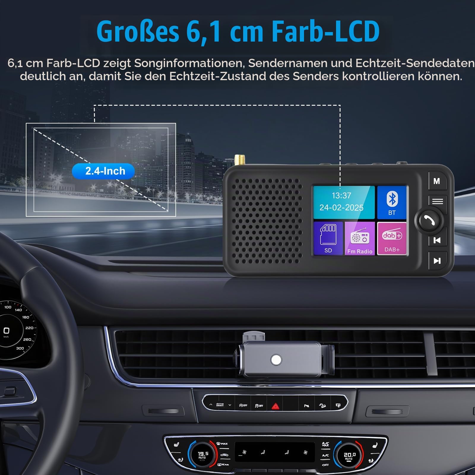DAB Adapter für Autoradio Digital Radio Bluetooth-Freisprecheinrichtung, 2,4 Zoll LCD Display DAB+ Adapter für Autoradio FM Transmitter, BT-Musik AUX-Schnittstelle