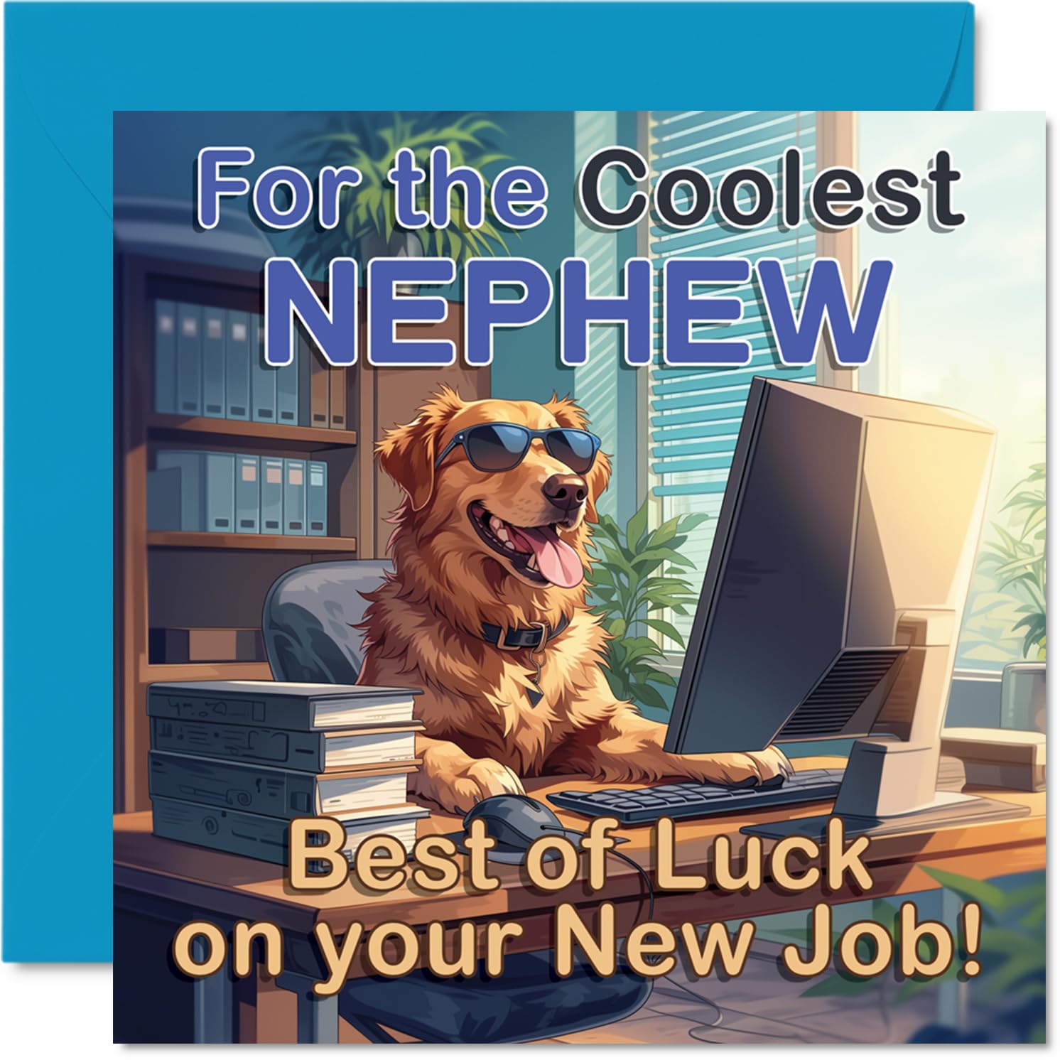 Supportive New Job Card for Nephew - Cool Canine Vibes for a Top New Start - Sunglasses-wearing Golden Retriever at the Office Desk - 145mm Square, Envelope Included