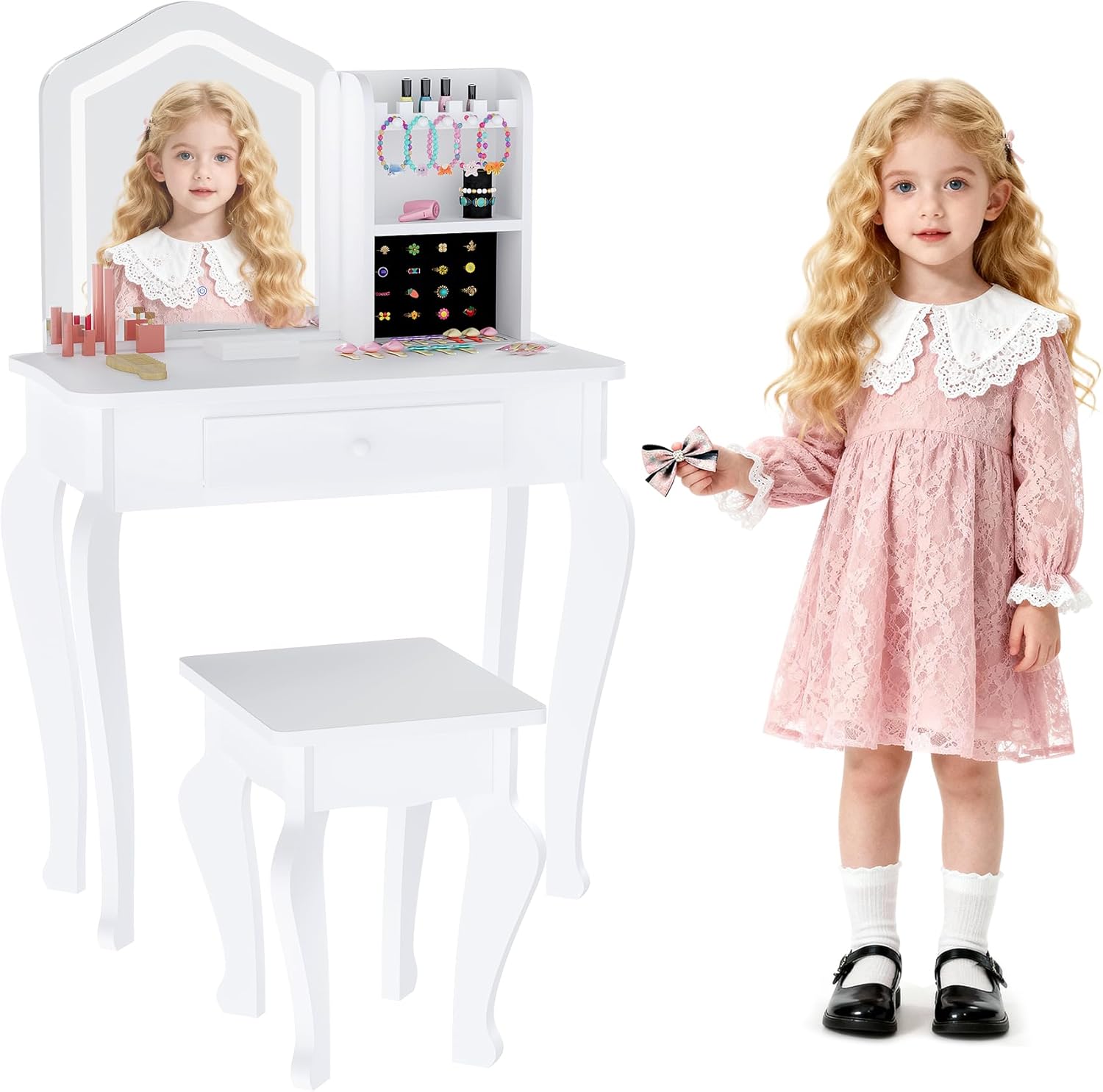 Garvee Kids Vanity with Lighted Mirror, Little Girl Vanity and Stool, Toddler Makeup Table Set and Makeup Playset for 3-8 Girls, White