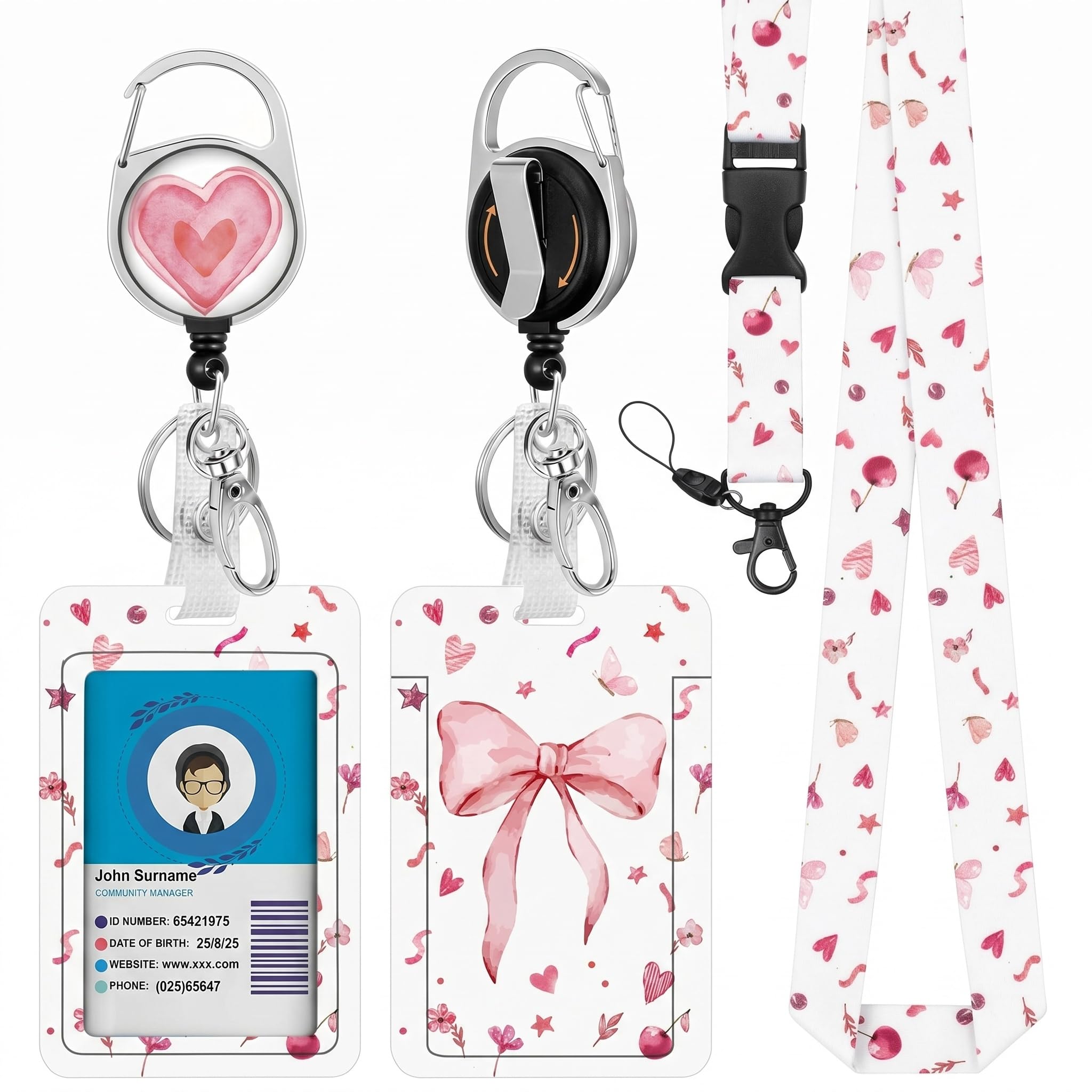 Pink Bow Floral Lanyard with Retractable Badge Reel, Detachable Neck Strap ID Card Holder for Keys USB Lightweight Multifunctional Organiser for Students Teachers Nurses Office Workers (Pink Bow)