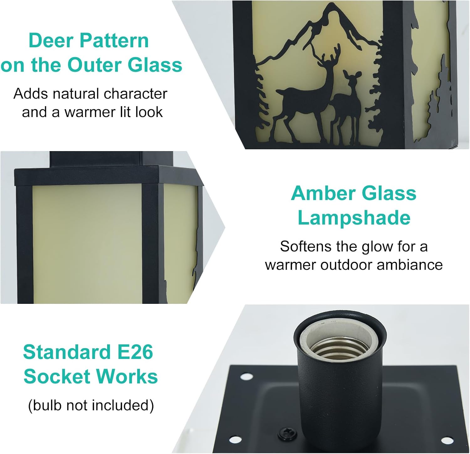 Outdoor Lamp Post Light Fixture Deer Pattern, Warm Amber Lampshade, Dusk to Dawn, Waterproof, Modern Matte Black Metal, E26 Base 60W, Lamp Post Topper Replacement for Walkway, Garden, 1 Pack