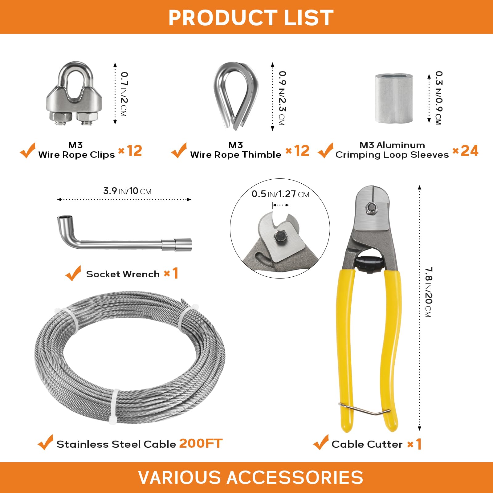 TESSKY 1/8 Inch Stainless Steel Cable Kit, 7x19 Strands Wire Rope Kit 200FT with Enough Accessories for Climbing Plants, Fencing, Outdoor Hanging and Deck Railing