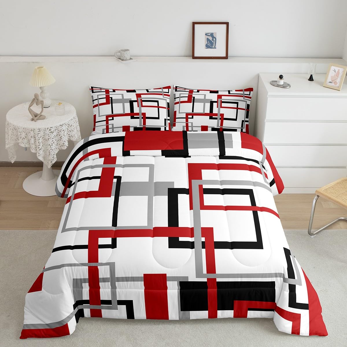 Square Comforter Set,White Black Red Grey Stripes Bedding Set Warm,Geometric Grid Checkred Down Comforter for Kids Boys Girls,Modern Creative Art