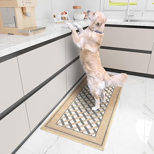 Miniatura 6 de Tapetes antideslizantes para suelo de cocina, lavable a máquina, a cuadros, lavables para una cocina elegante y cómoda (marrón a cuadros, 20