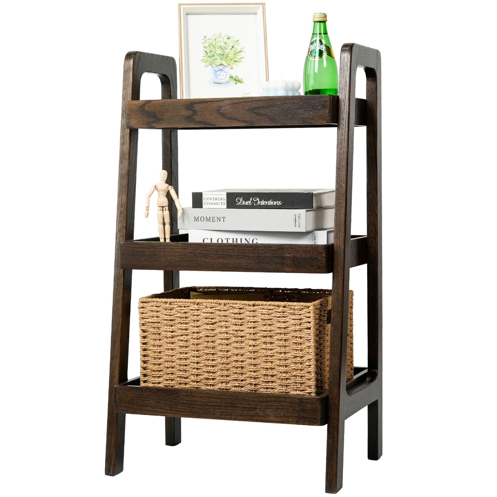 3-Tier Ladder Shelf, Solid Oak Wood Ladder Bookshelf, Walnut
