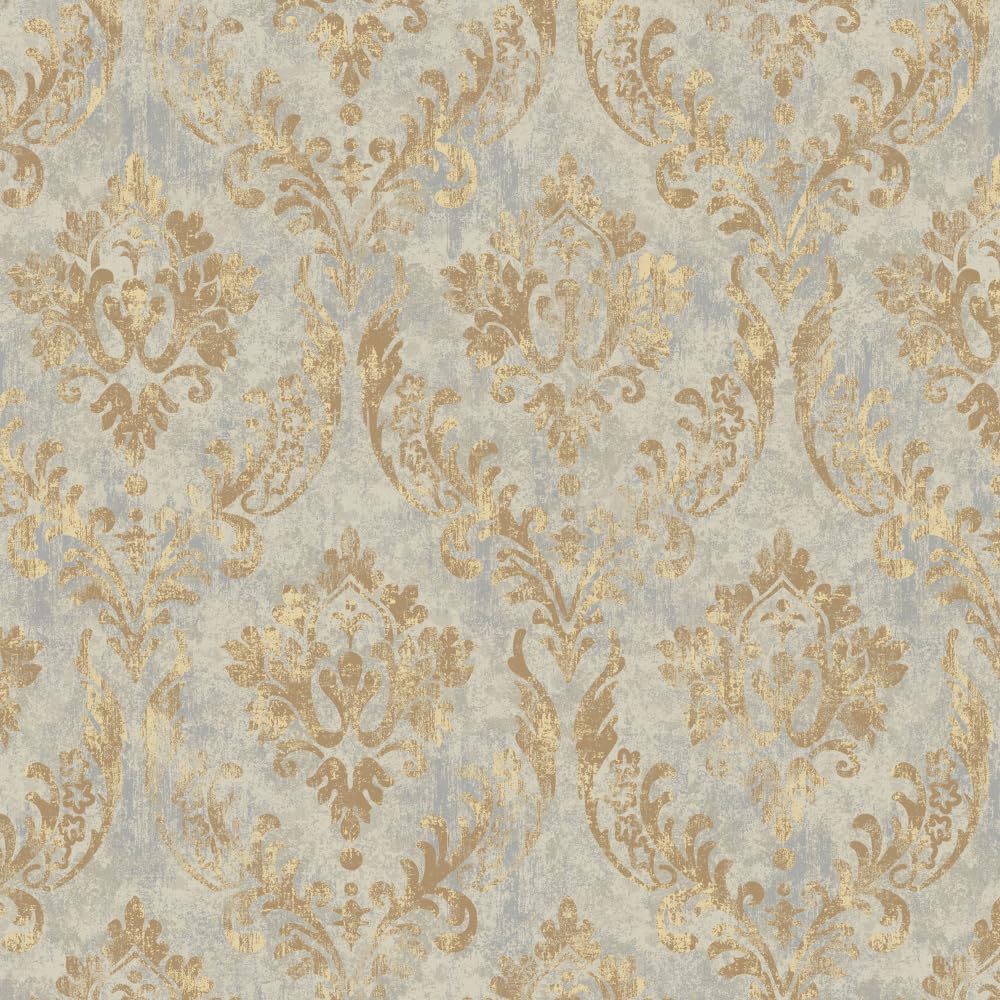 PROLEMIX Vintage Damask Self-Adhesive Wallpaper, Grey and Gold, Waterproof Decorative Wall Covering for Bedroom and Bathroom, 44 x 300 cm（17.3 x 118 Inches）