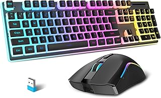 Wireless Gaming Keyboard and Mouse Combo,Translucent Pudding Keycap,3650mAh Rechargeable Battery,RGB Ergonomic Mechanical Feel Keyboard,4800 DPi Rainbow Led Mute Mouse 2.4G USB for PC/Mac(Black)