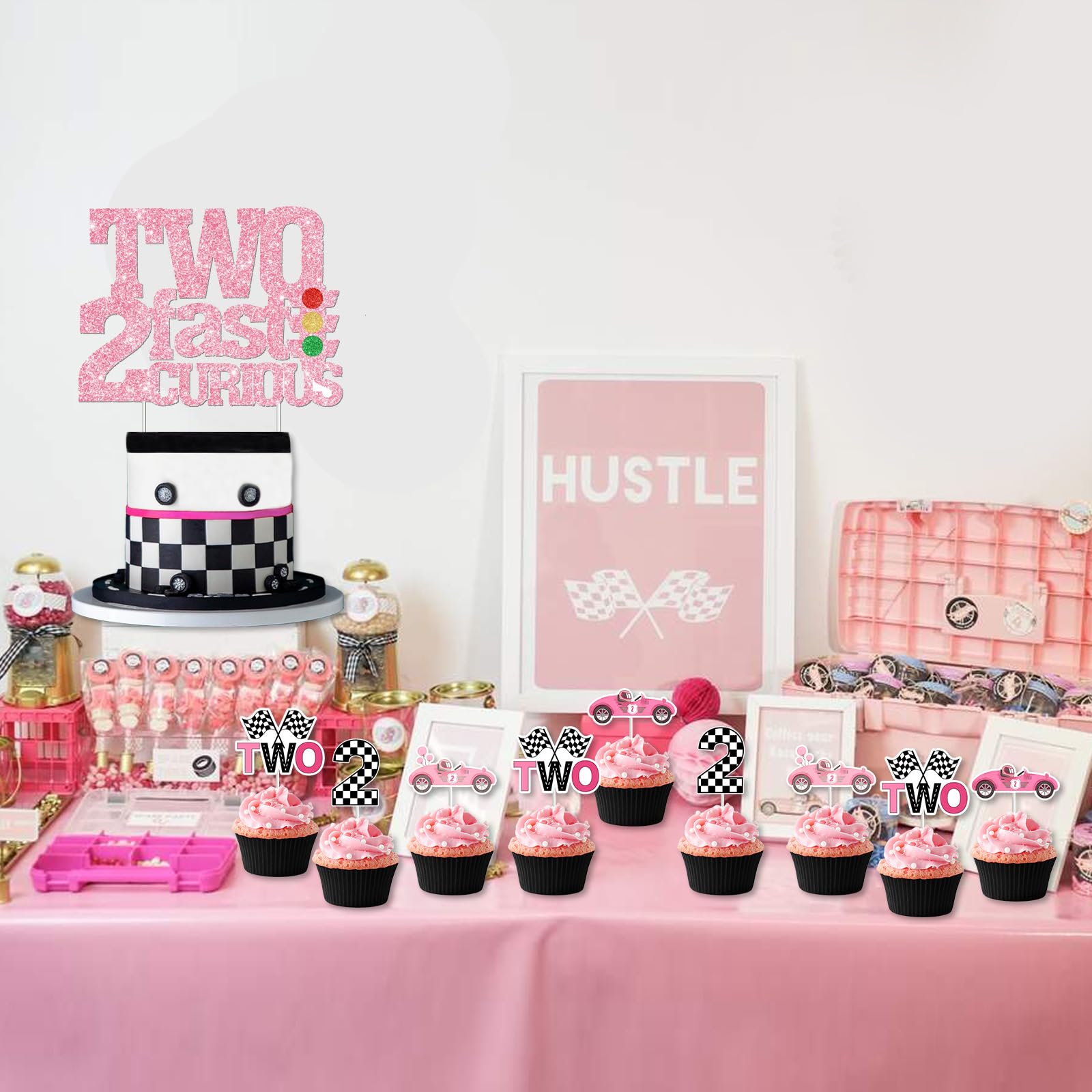 Two Fast Two Curious Birthday Decorations, 25Pcs Race Car Cake Topper Cupcake Toppers Pink for Girl 2nd Birthday Let’s Go Racing Party Supplies
