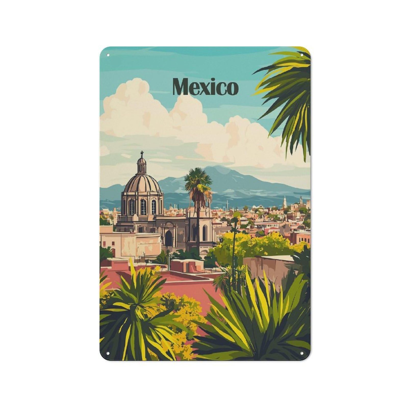 Junmoney Style-16 Mexico Cityscape Travel Printed Metal Sign 30X20cm For Café Or Home Bar, For Kitchen And Home Bar Decor, For Cafés, Pubs And Restaurants