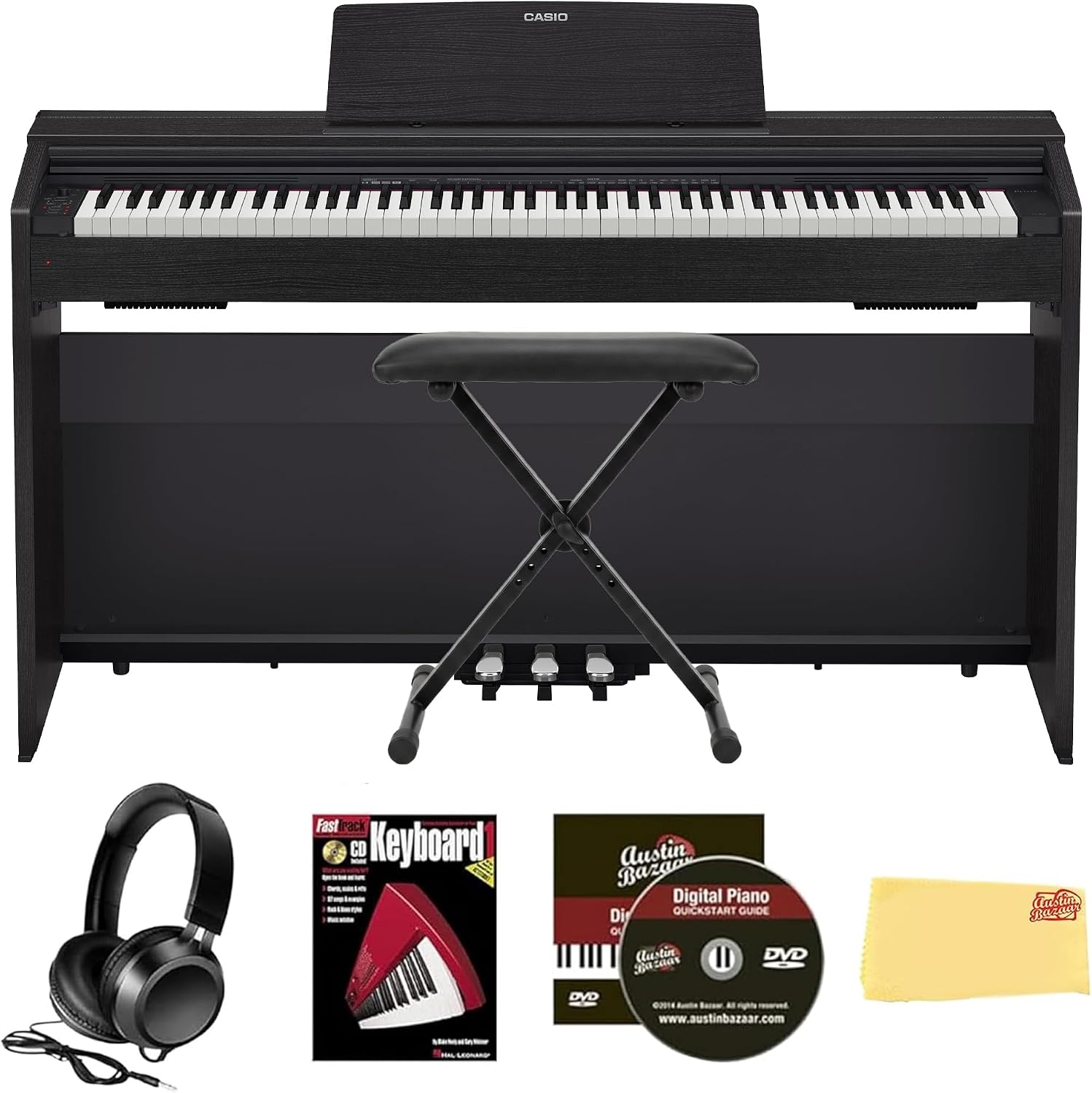Casio Privia PX-870 Digital Piano - Black Bundle with Adjustable Bench, Headphones, Piano Book, Online Piano Lessons, Instructional DVD, and Austin Bazaar Polishing Cloth