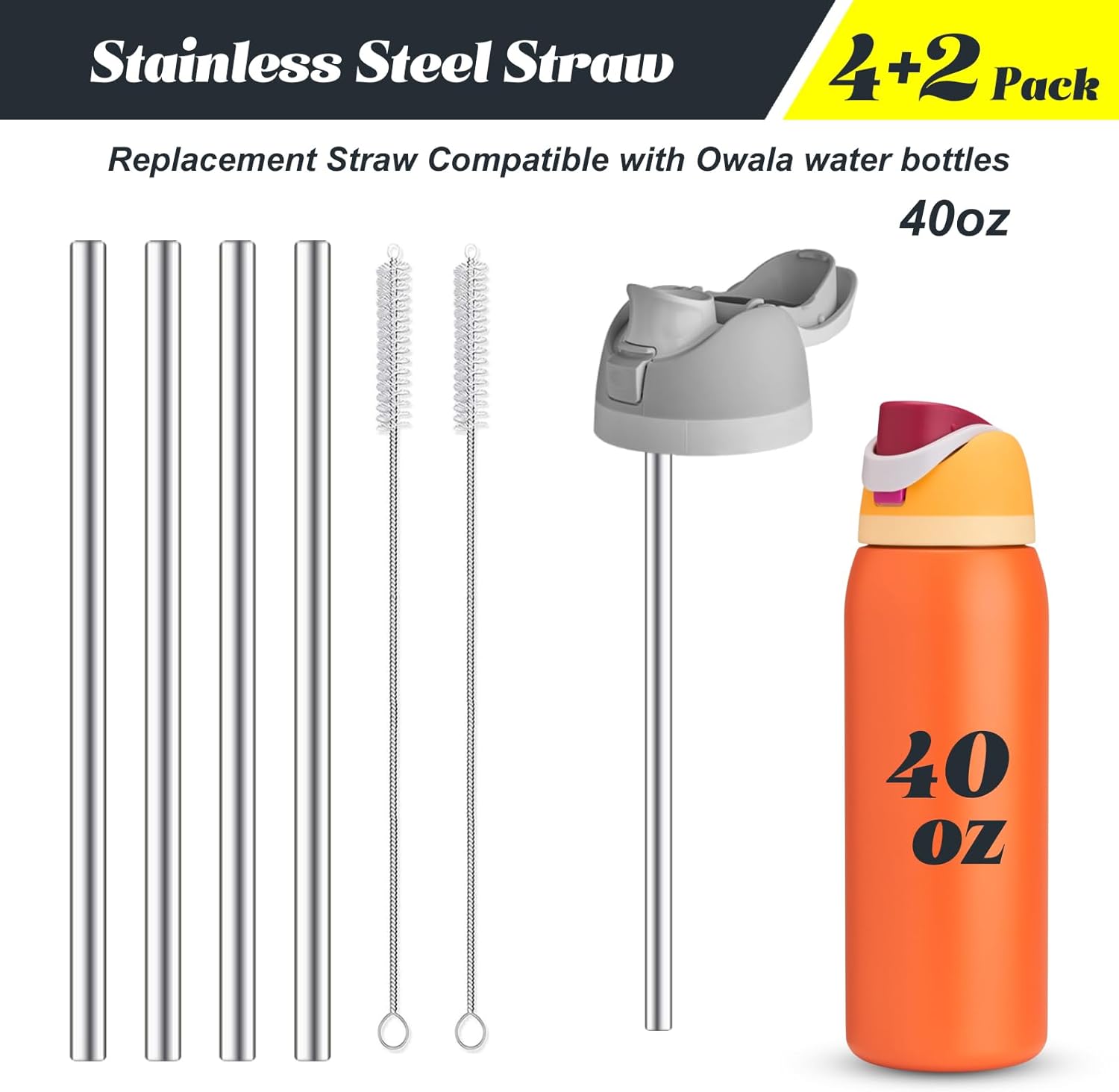 4Pcs Replacement Stainless Steel Straws Compatible with Owala Bottle 40oz Reusable Straws with 2 Cleaning Brushes Metal Straw Replacement Compatible with Owala Freesip (23.5cm for 40oz) - Image 2