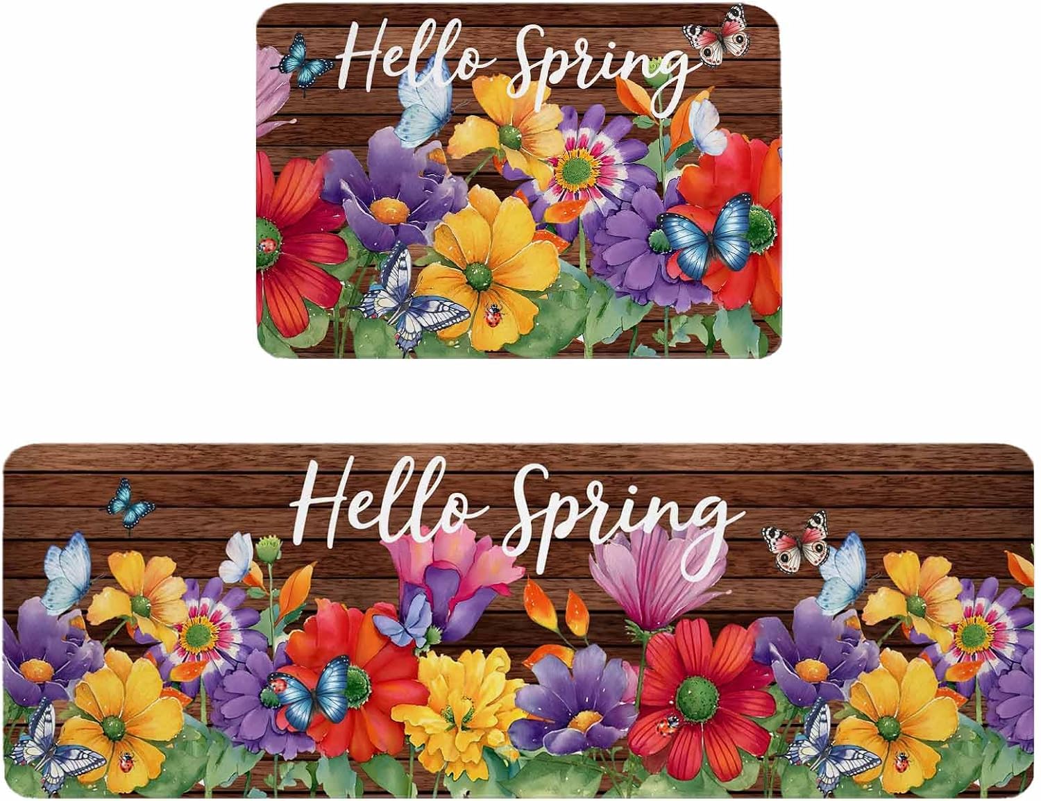 Spring Flowers Kitchen Rugs and Mats Set of 2, Non-Slip Kitchen Sink Mat, Farmhouse Vintage Country Colorful Floral Washable Doormat Bathroom Rugs Runner for Bedroom/Living Room 17.7"x30"+17.7"x47.2"