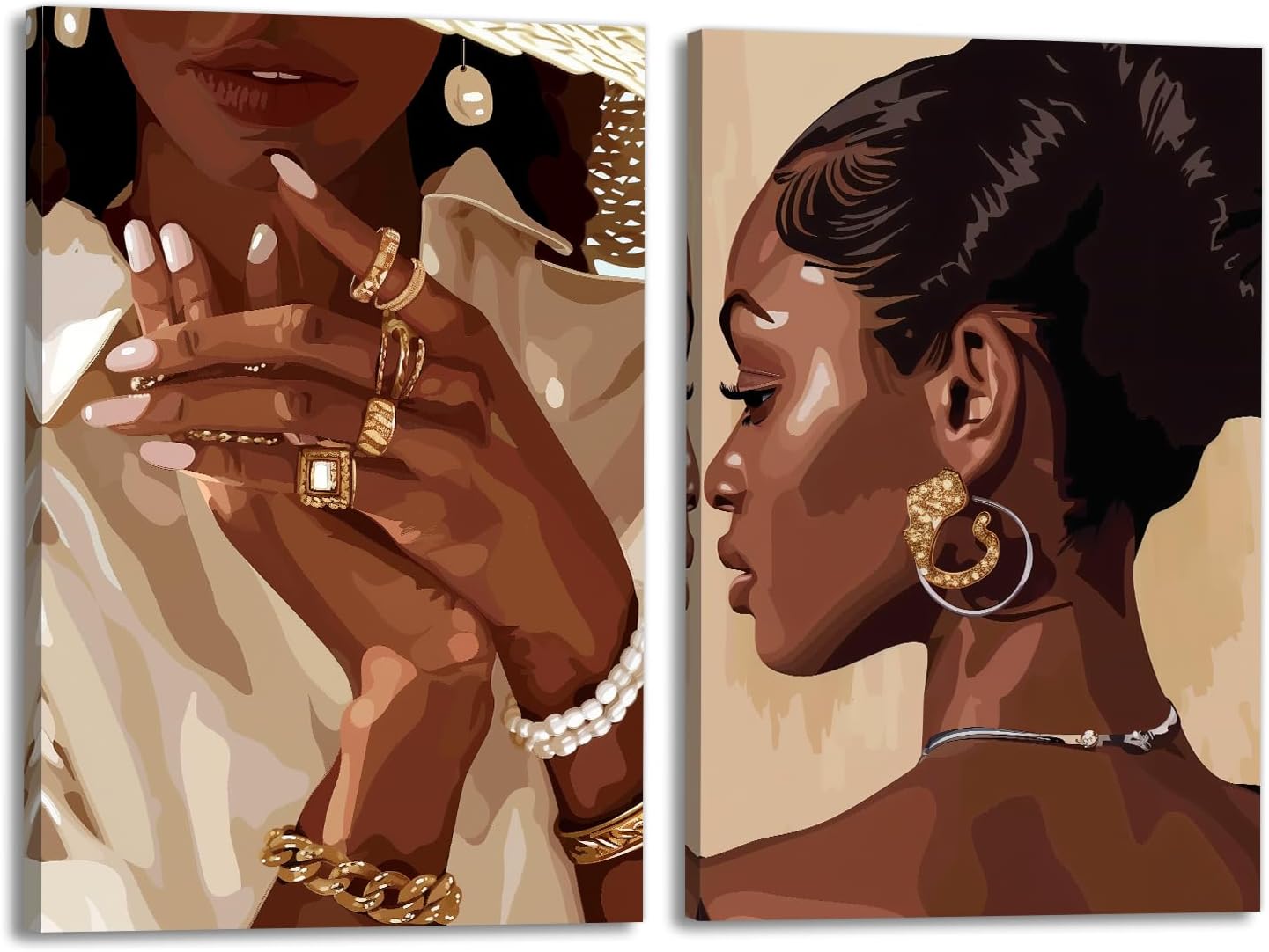 GLOKAKA African American Black Woman Canvas Wall Art 2 Panel Woman Wearing Headscarf Portrait Painting Modern Artwork Home Decoration(Artwork-1,12"x16"x2pcs)