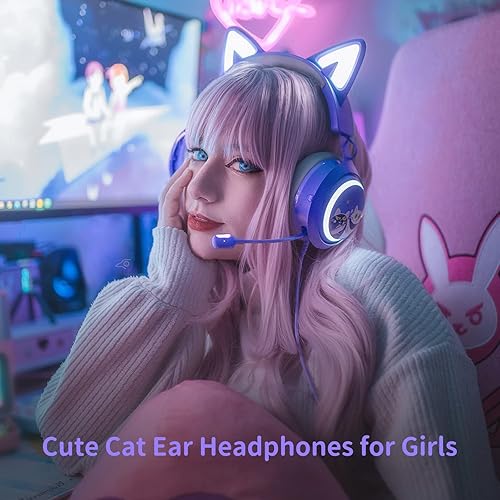 Miniatura 3 de EASARS Auriculares de oreja de gato auriculares USB para juegos con micrófono retráctil sonido envolvente 71 iluminación RGB auriculares con cable