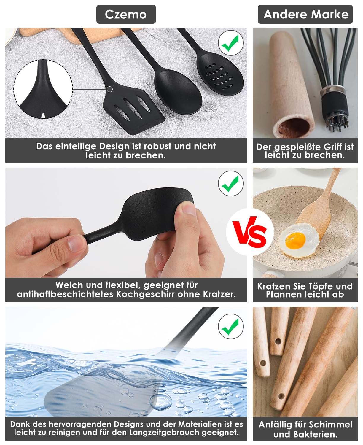 Küchenutensilien Set 43-teiliges Silikon Küchenhelfer, Hitzebeständiger Kochgeschirr mit Utensilienhalter, Antihaft Kochset, schwarz