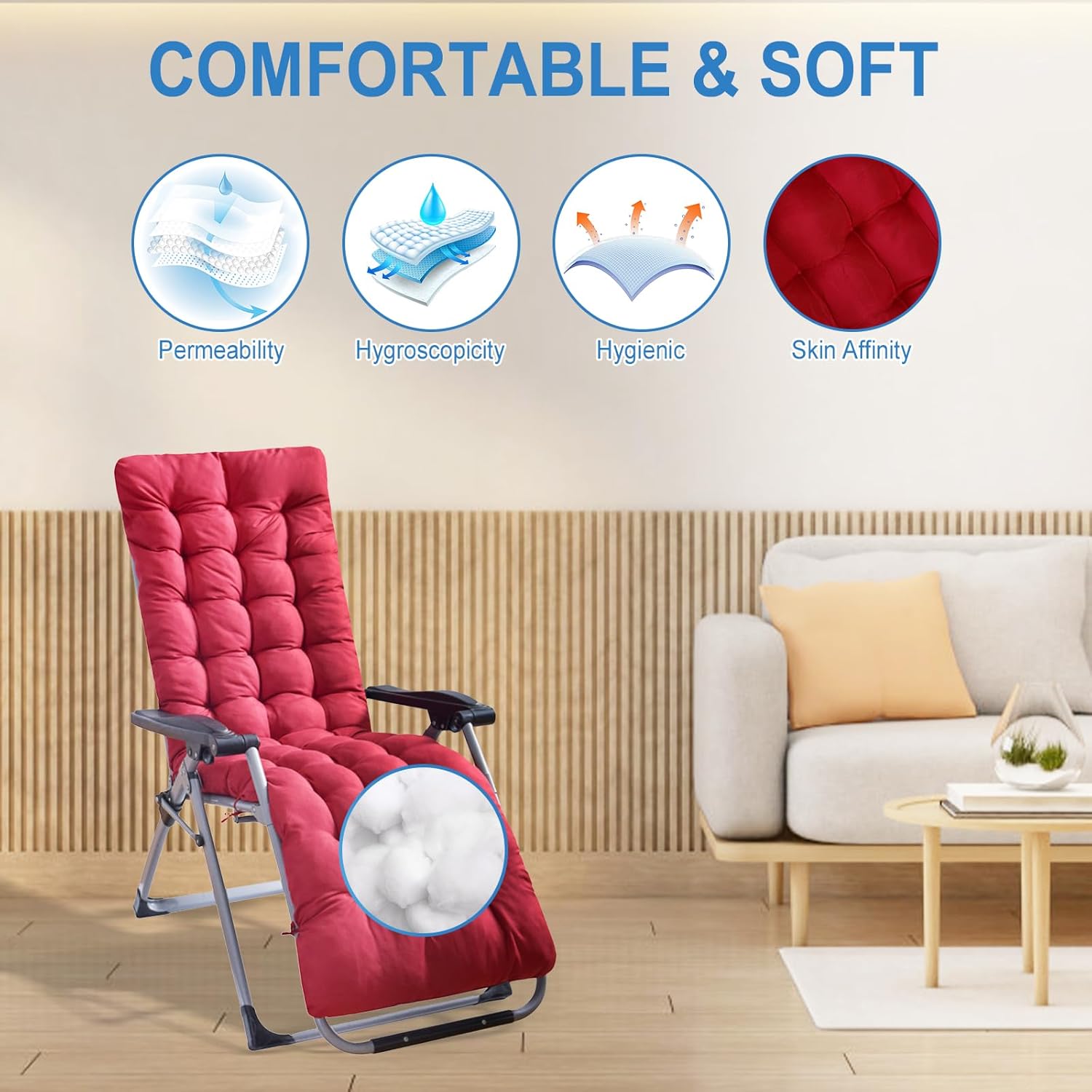 KOCASO Chaise Lounger Cushion, 67ｘ22ｘ3.93In Bench Chair Pads, Non Skid Slip Patio Padded Seat Cushion W/Ties, Recliner Rocking Chair Sofa Mat for Indoor Outdoor, Coffee(Only A Cushion)