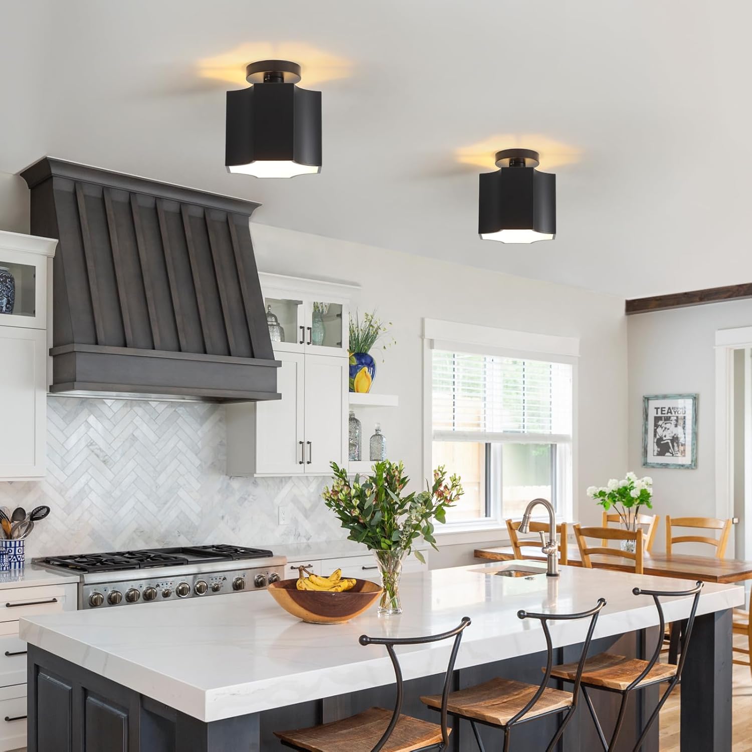 Geometry Semi Flush Mount Ceiling Light 2 Pack,1-Light Hexagon Flush Mount Ceiling Lights - Modern Farmhouse Black Metal Kitchen Island Lighting Fixtures for Hallway,Bathroom,Dining Room