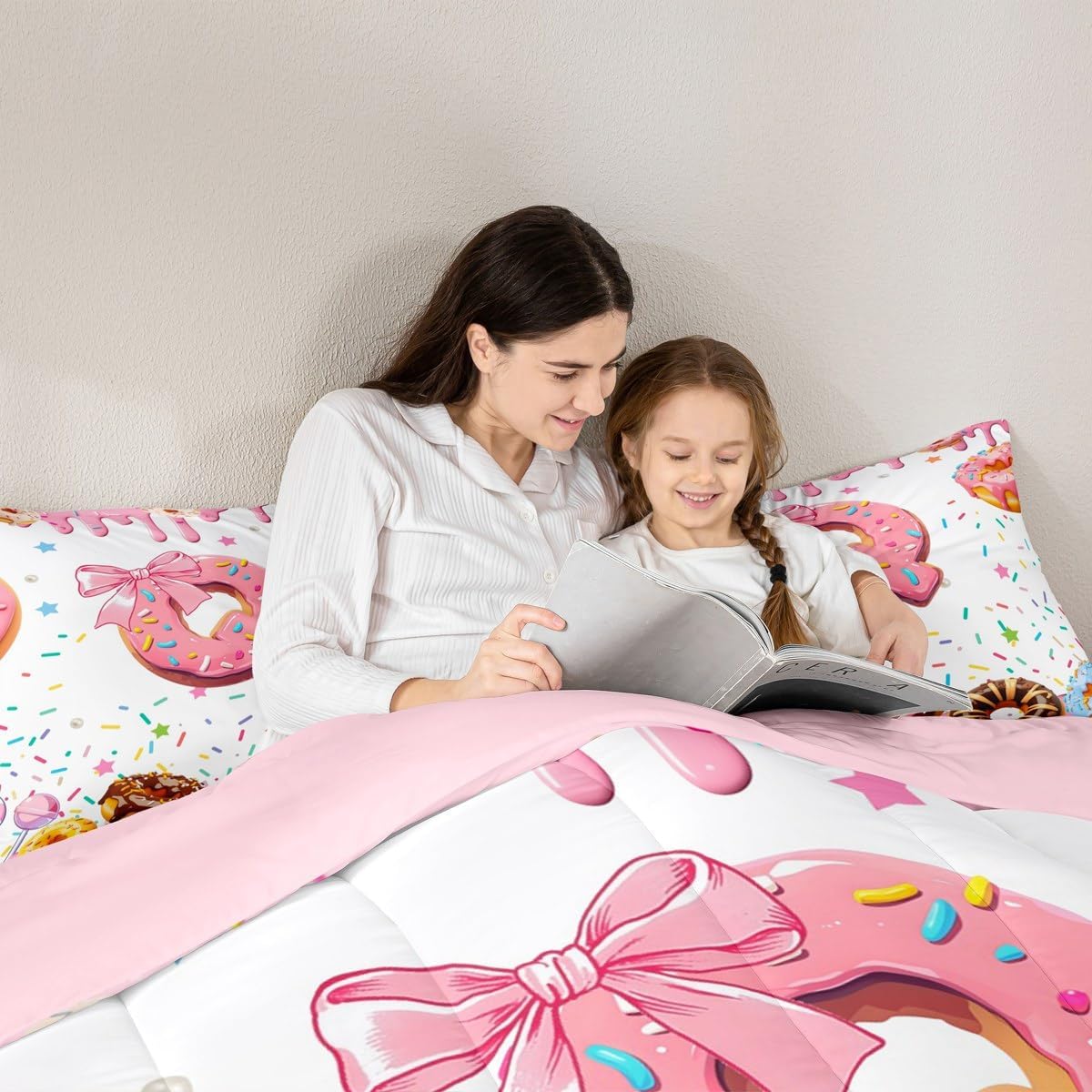 Erosebridal Girls Pink Bow Comforter Set Toddler Size Monogrammed Bedding Sets Personalized Alphabet Q Duvet Insert Colorful White Donut Sweet Candy Quilt Ultra Soft Modern Fashion Bed Set