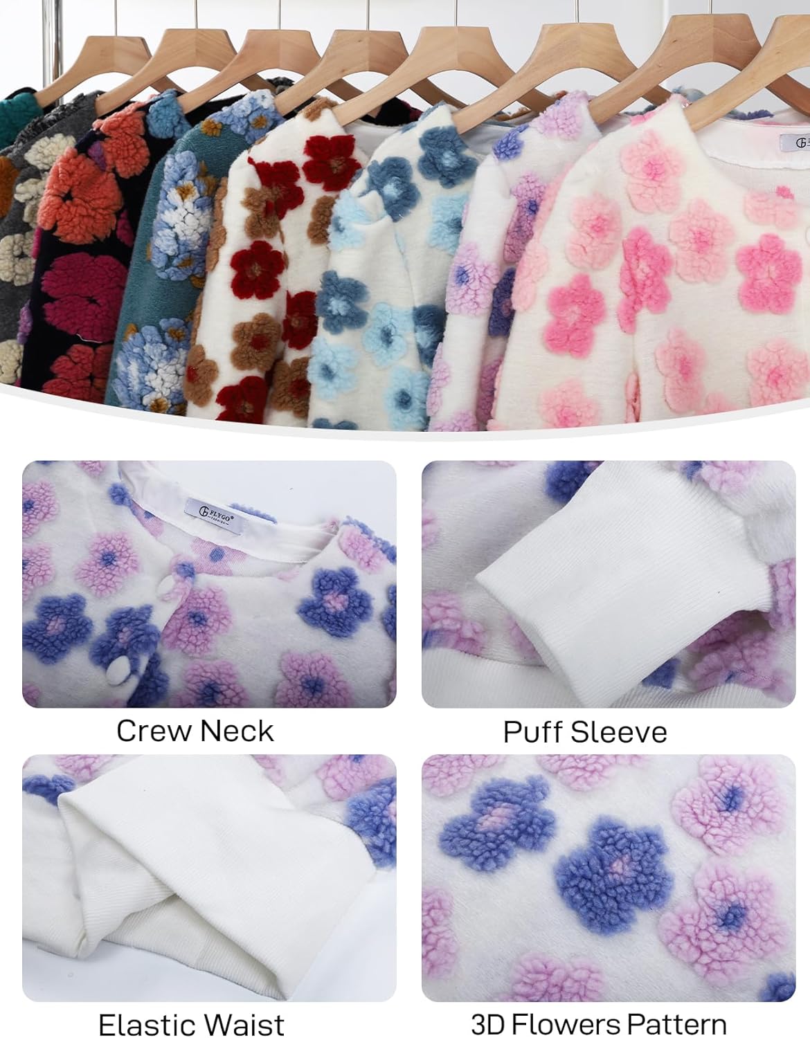 Flygo Women's Cropped Floral Print Bomber Jacket Warm Fleece Varsity Jacket Casual Button Down Puff Sleeve Coat Outerwear - Image 8