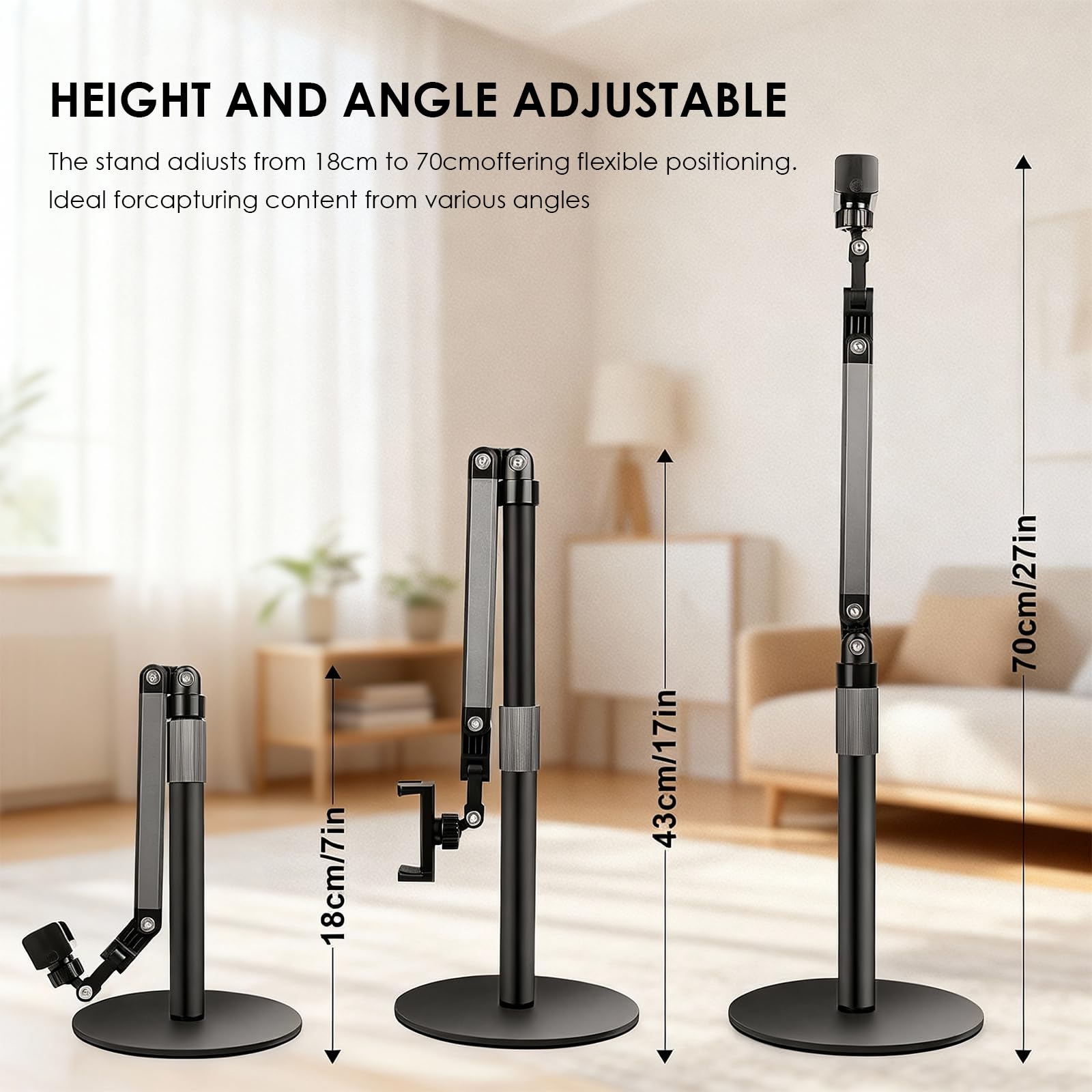 Support Téléphone Bureau en Métal, Trépied Smartphone Réglable en Hauteur 18-70cm avec Rotation 360°, Support Téléphone pour Filmer, Streaming, Vidéoconférence et Télétravail