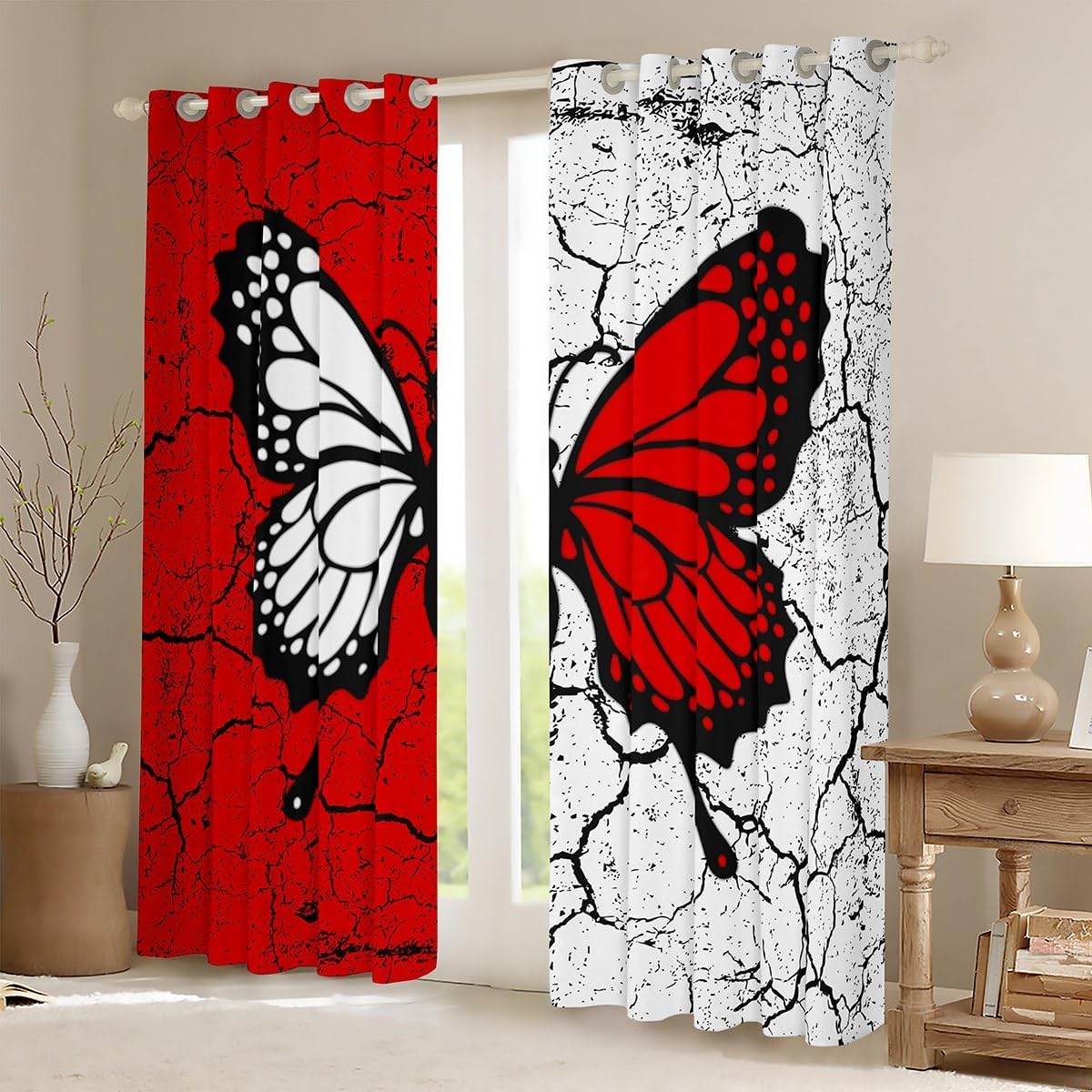 Manfei Butterfly Blackout Curtain Red and White Window Treatments, Abstract Stones Texture Window Drapes for Kids Boys Girls Room Decor Grommet Top 2 Panel Set Bedroom Curtains, 52Wx84L inch