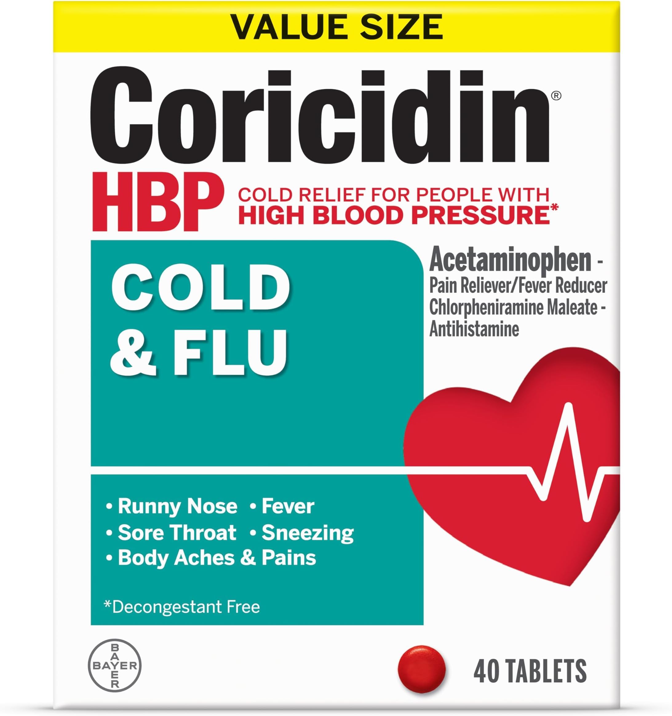 Coricidin HBP Tablets Cold & Flu 40ct