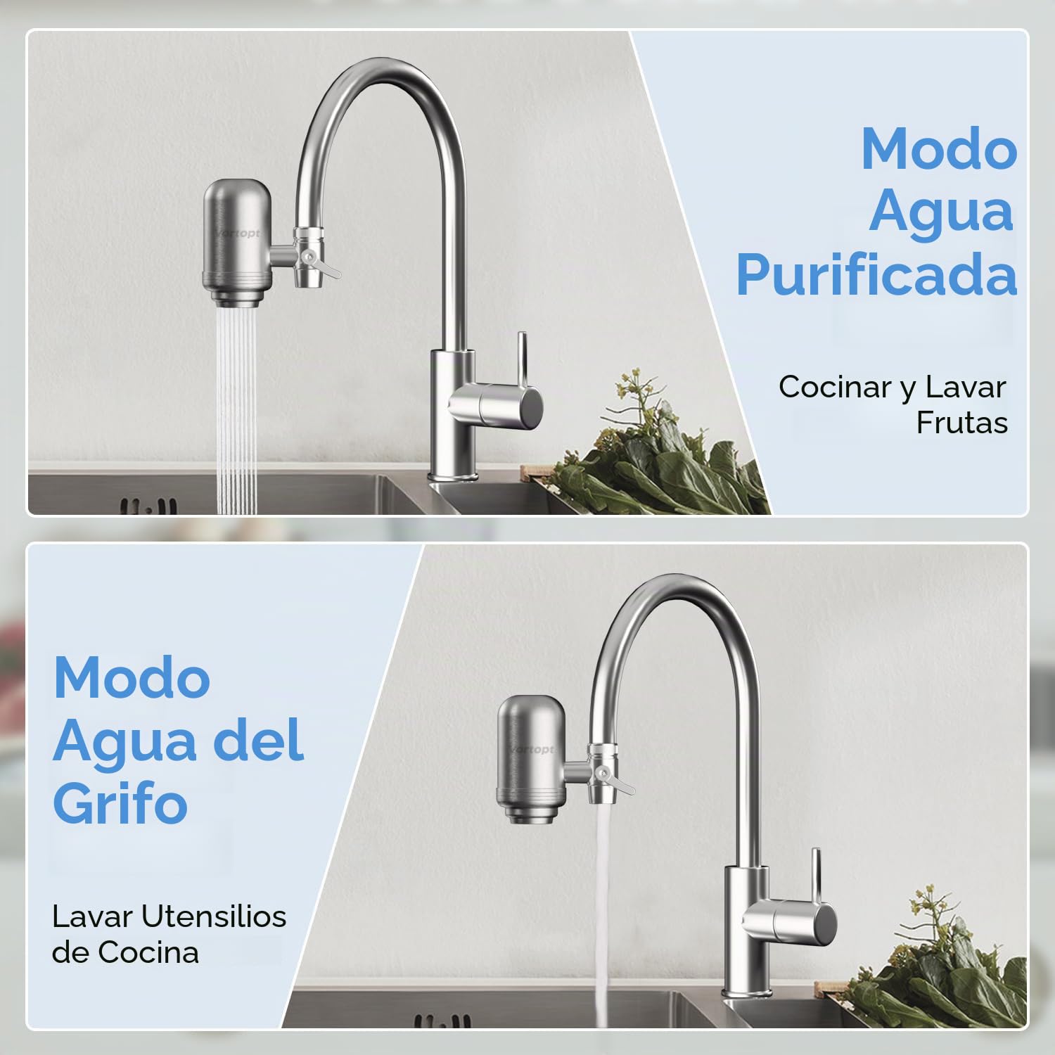 Vortopt Filtro de Agua para Grifo de Acero Inoxidable - Purificador de Agua para Grifo - Filtro Agua Grifo para Cocina, Bañera, Reduce el Plomo, el Cloro y el Mal Sabor, T2 (2 Filtros)