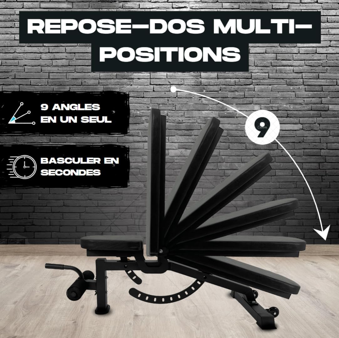 BRAINGAIN Adjustable Weight Bench showing 9 backrest positions